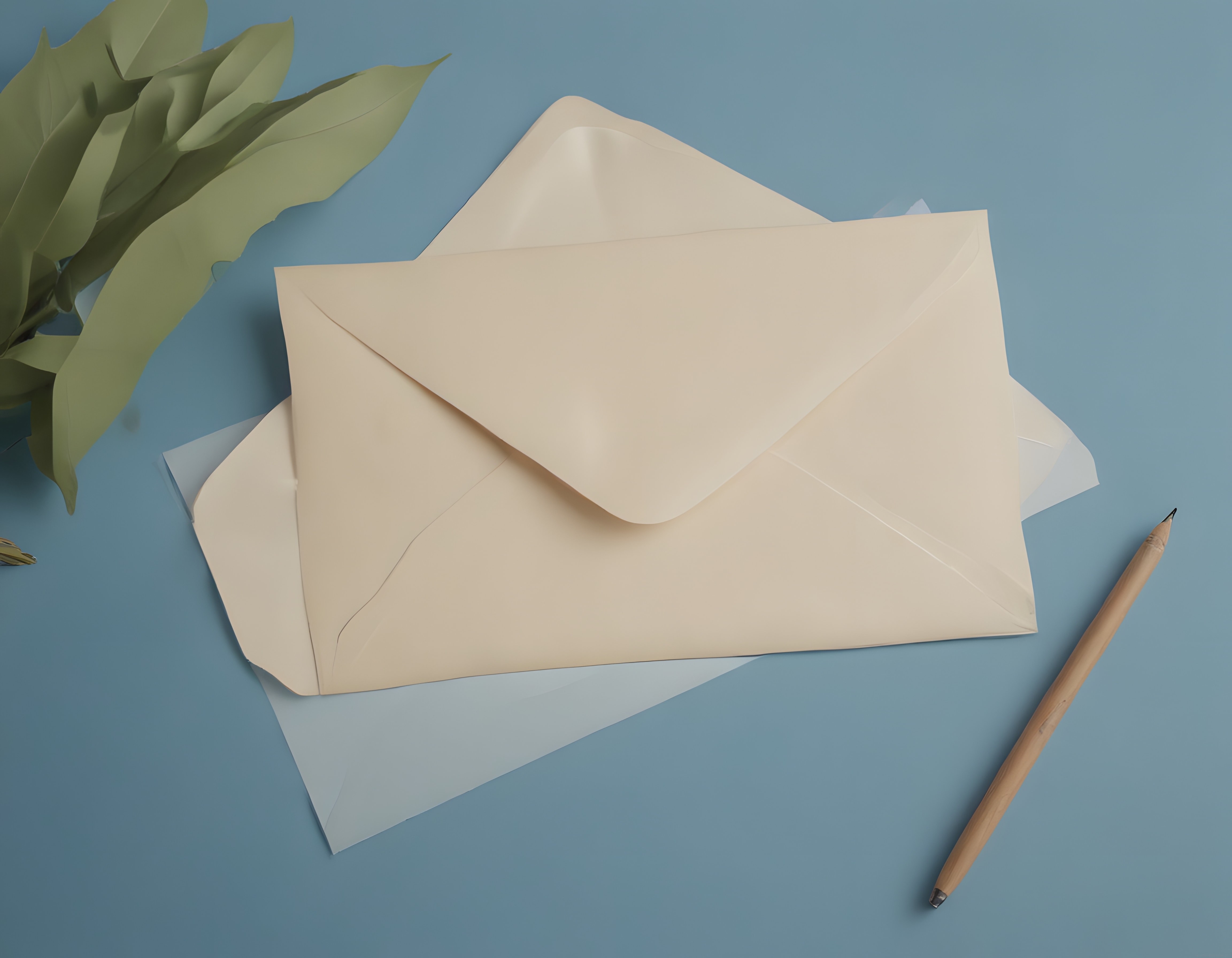 Mavi Zeminde Zarflar ve Kalem ile Sade Flat Lay Mektup Komposisyonu