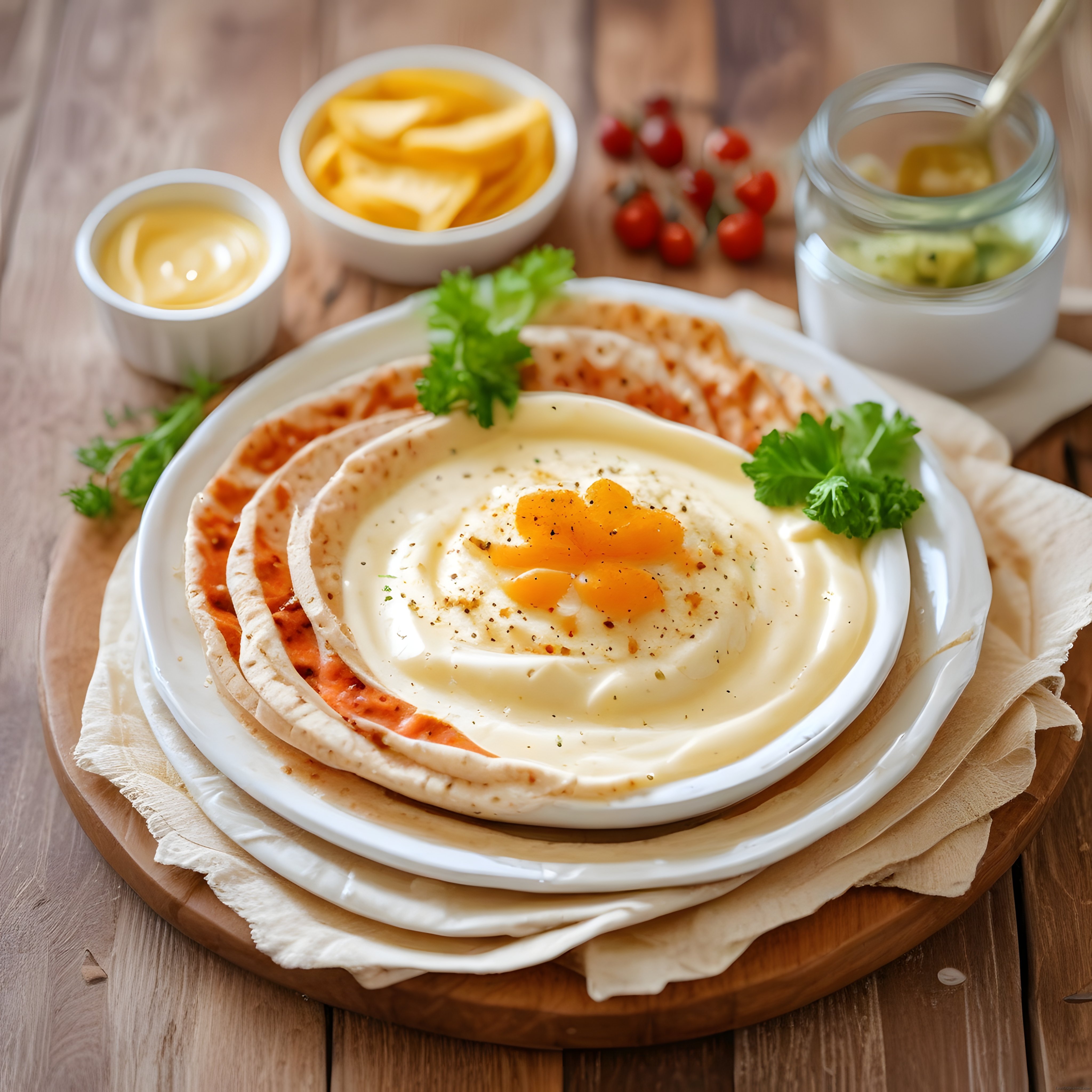 Maydanoz ve Baharat Süslemeli Kremalı Humus, Lavaş ve Zeytinyağlı Soslar