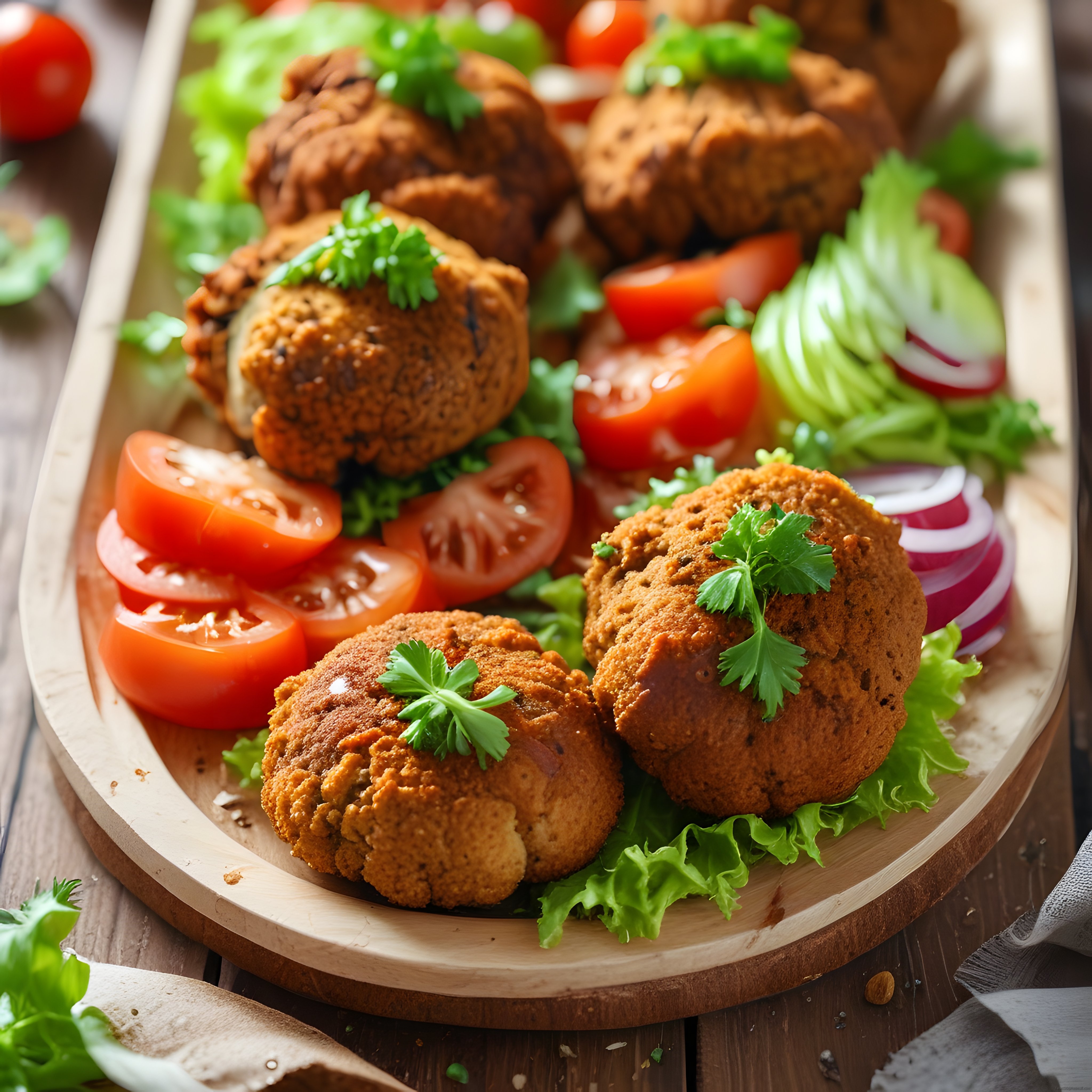 Maydanoz ve sebzelerle servis edilmiş kızarmış falafel tabağı