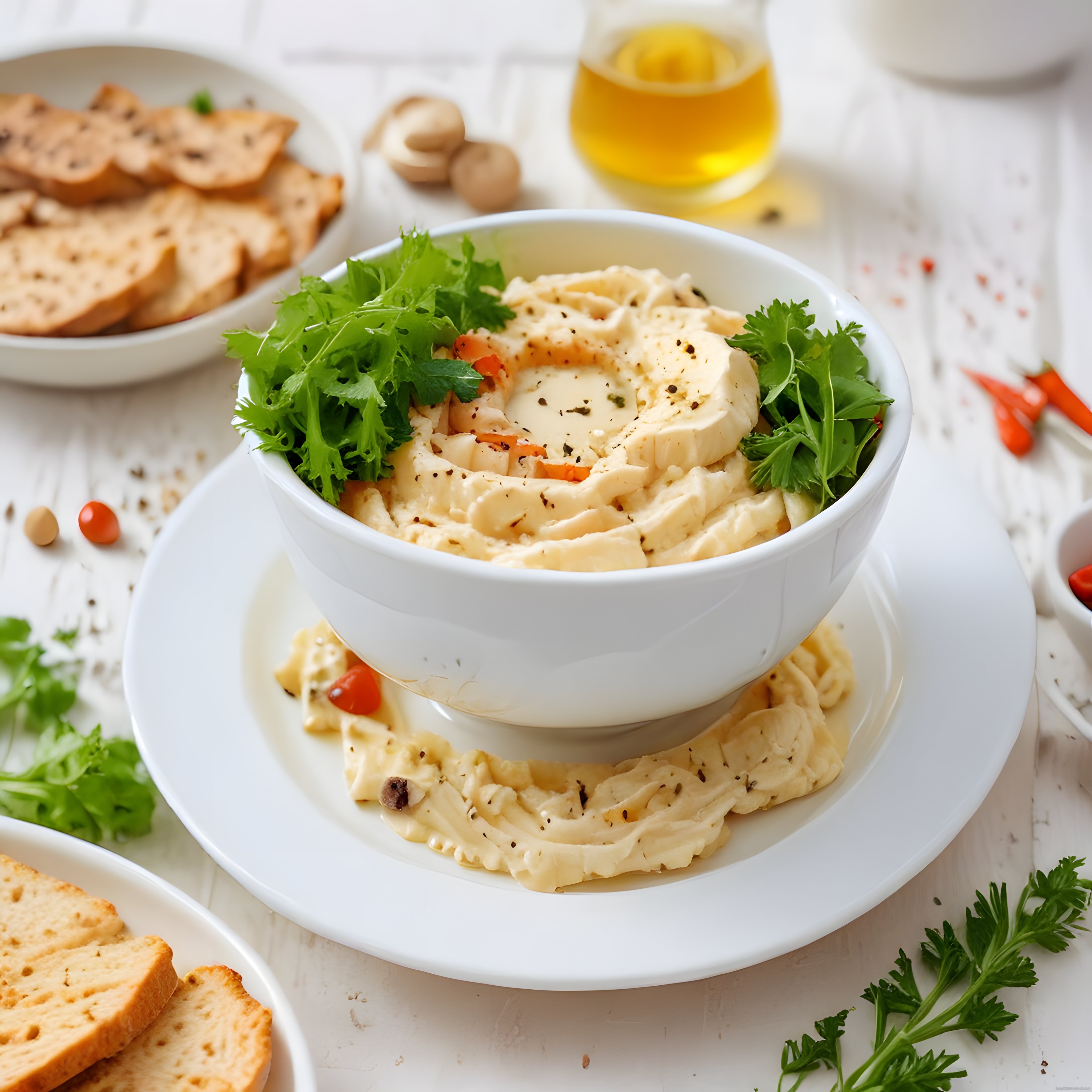 Maydanozlu Humus Kasesi ve Kızarmış Ekmeklerle Kahvaltı Keyfi