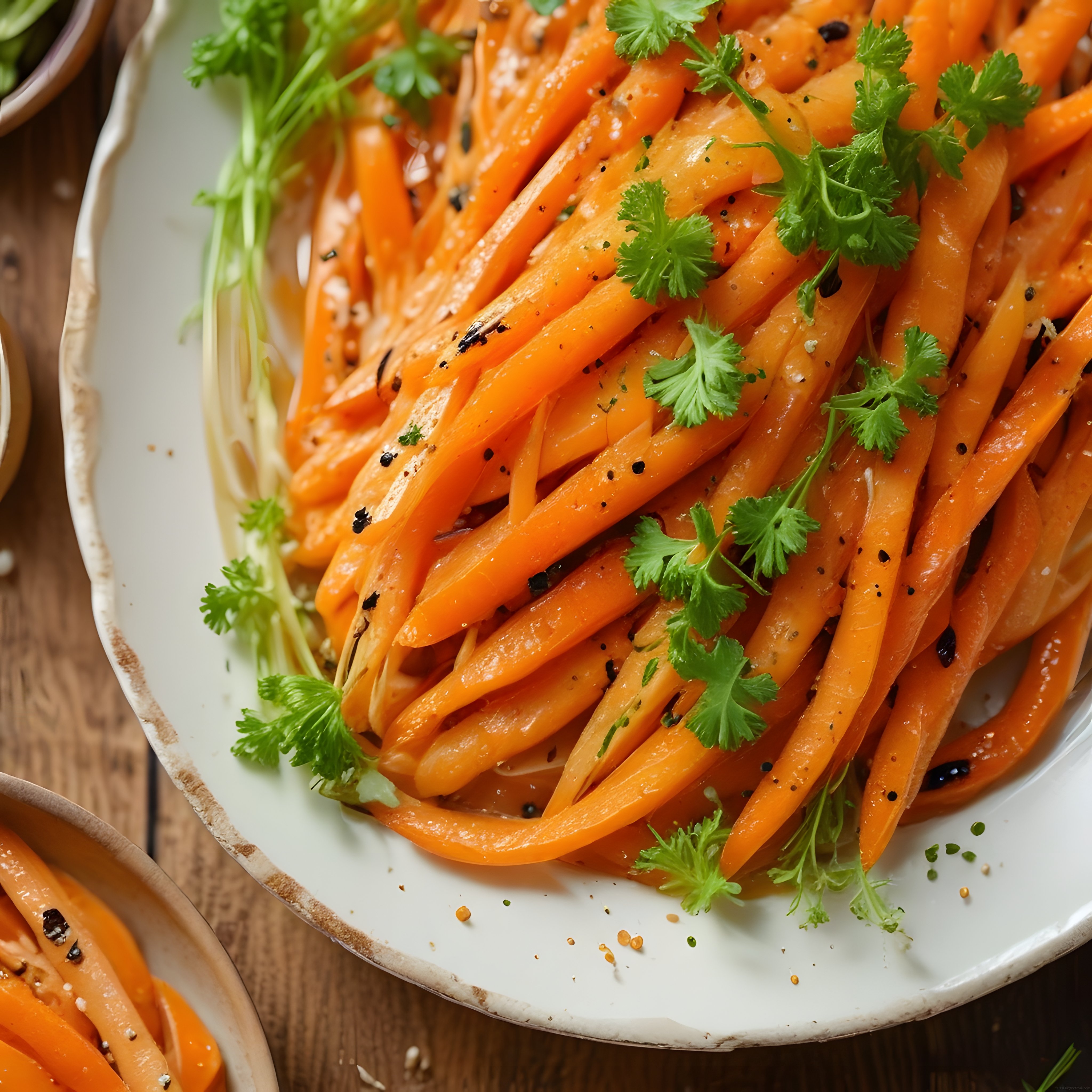 Maydanozlu ve baharatlı havuç salatası servisi beyaz tabakta