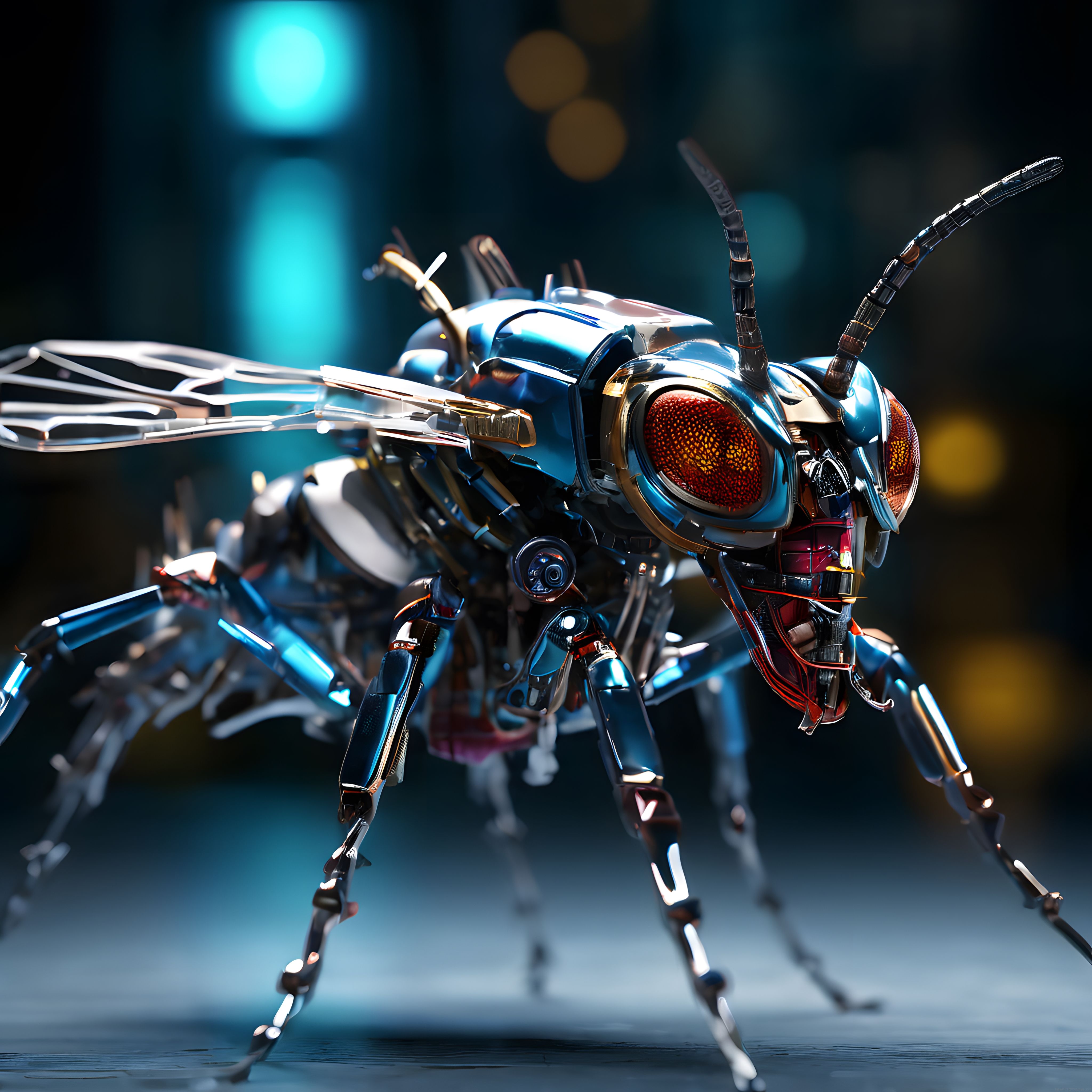 Mekanik bir böcek robotunun yakın çekim görüntüsü ve fütüristik detayları