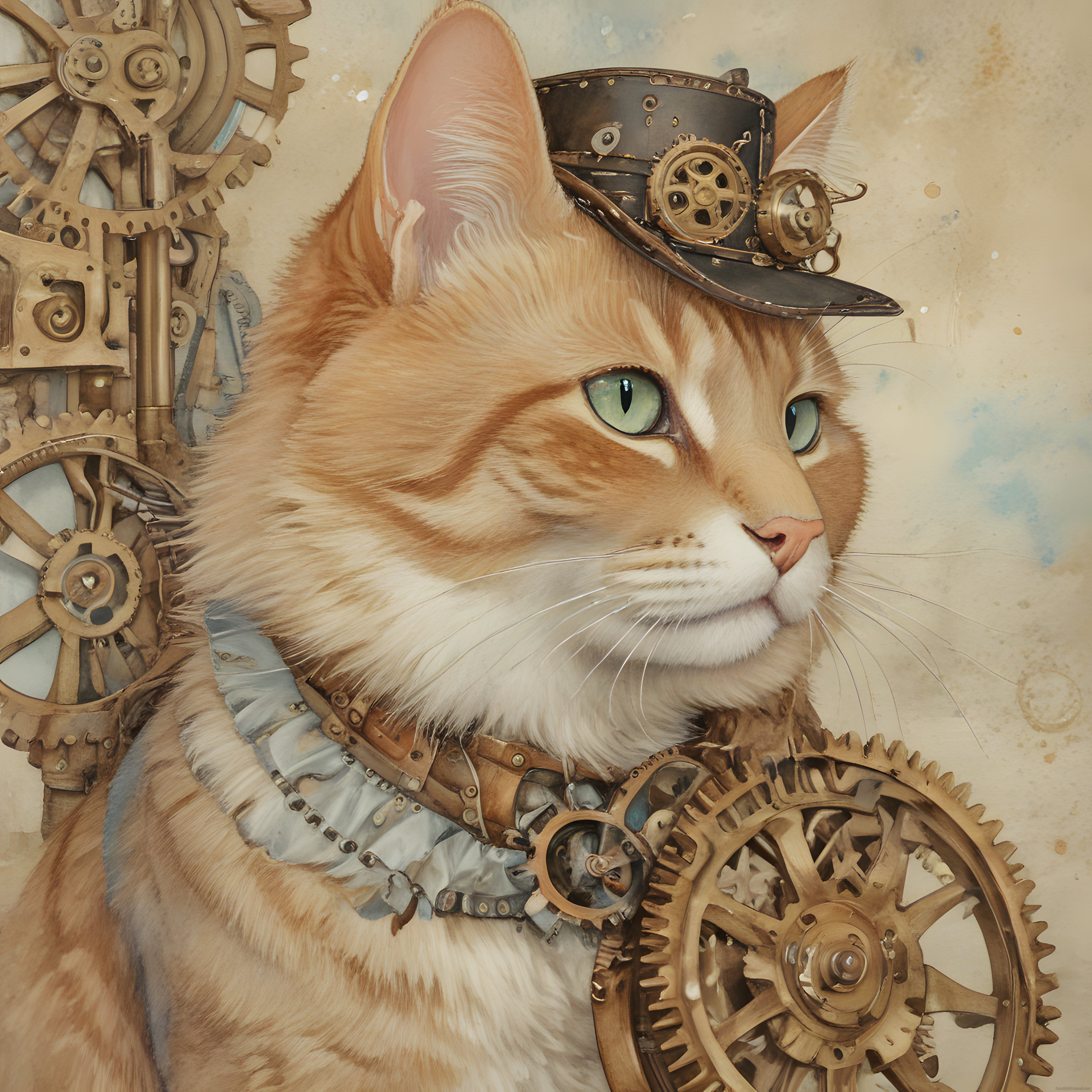 Mekanik çarklar içinde steampunk şapkalı turuncu kedi illüstrasyonu