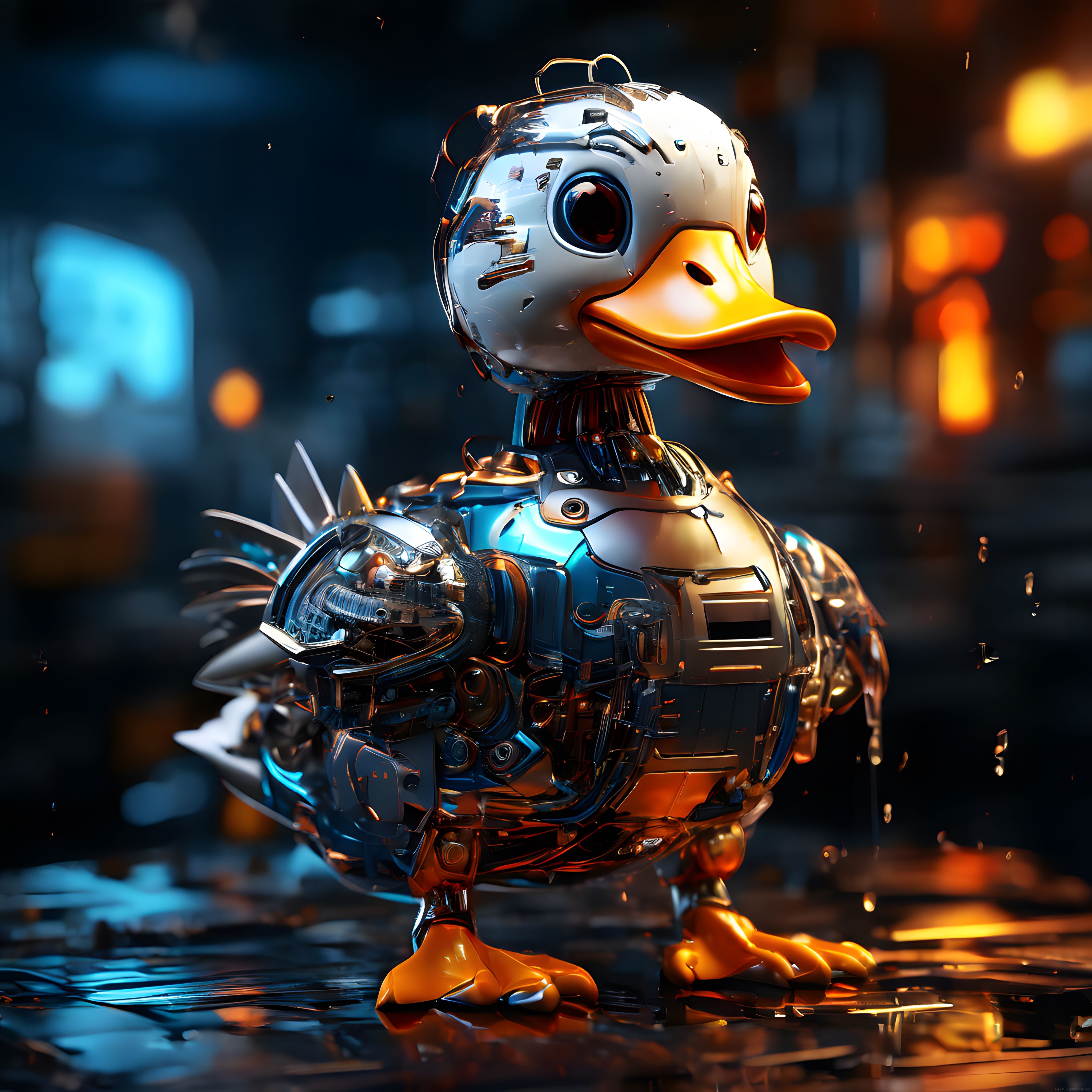 Mekanik detaylarıyla dikkat çeken cyberpunk metalik parlak robot ördek figürü