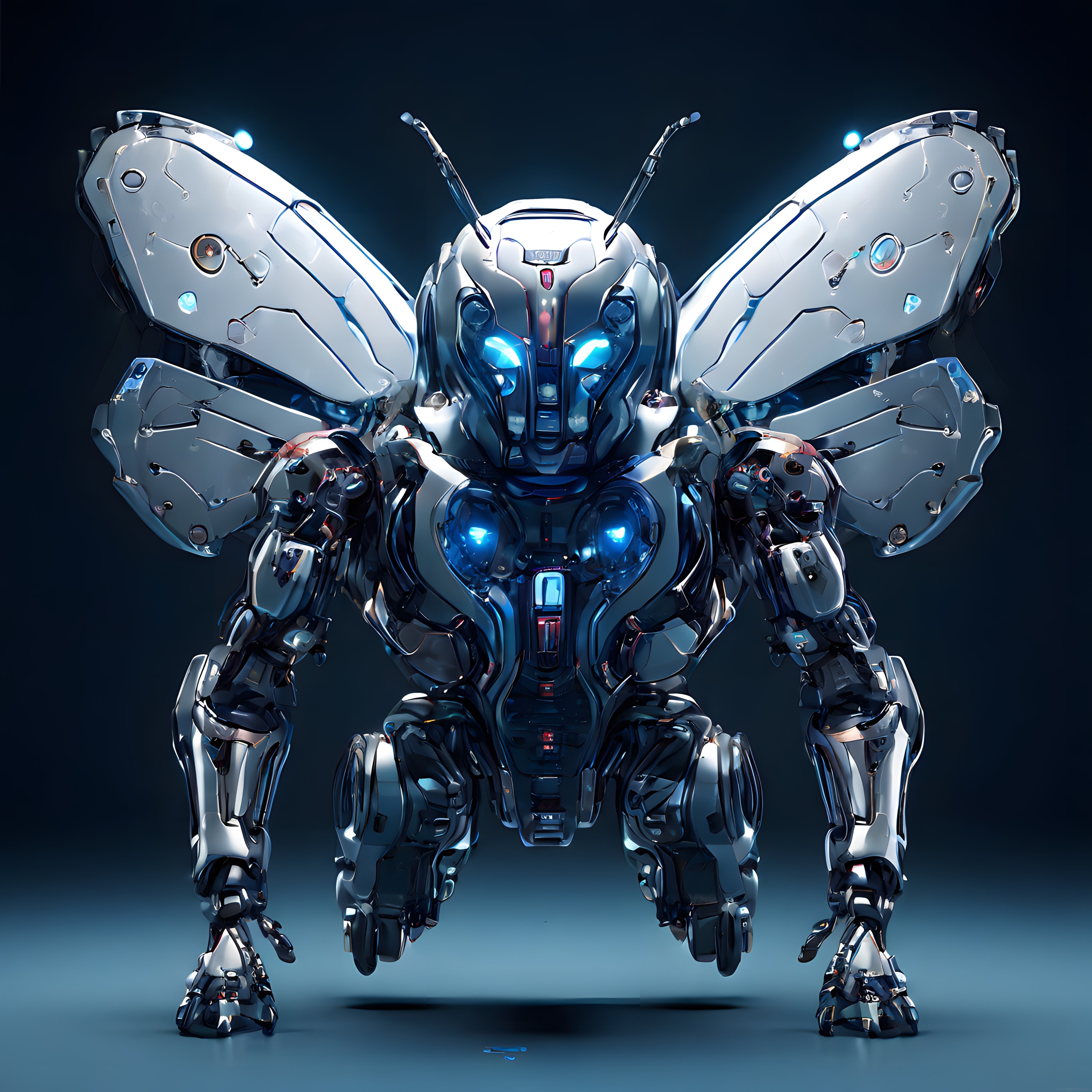 Mekanik Kelebek Kanatlı İnsansı Robot ve Parlak Mavi Göz Işıkları