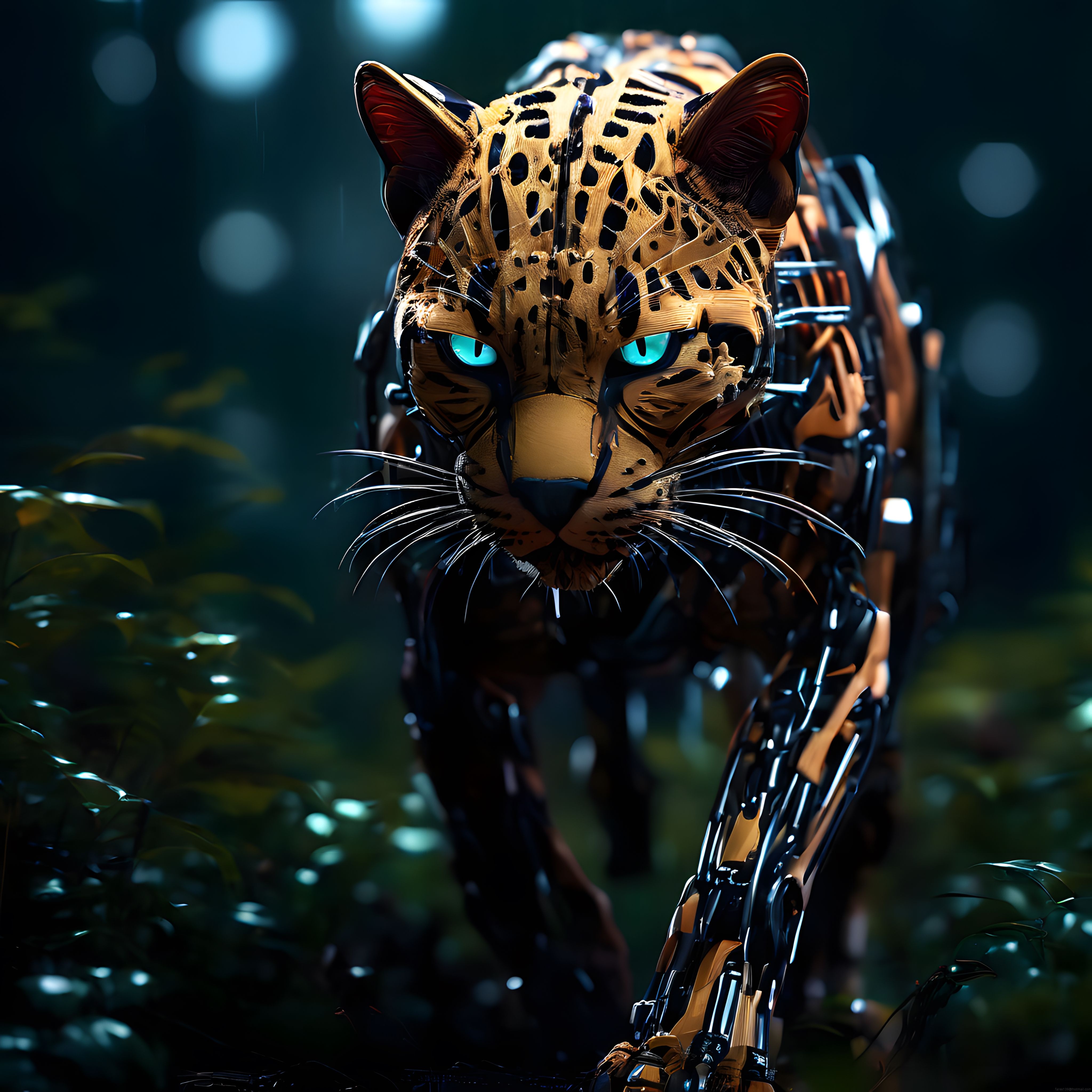 Mekanik parçalı, mavi gözlü robotik leopar karanlık ormanda yürüyor