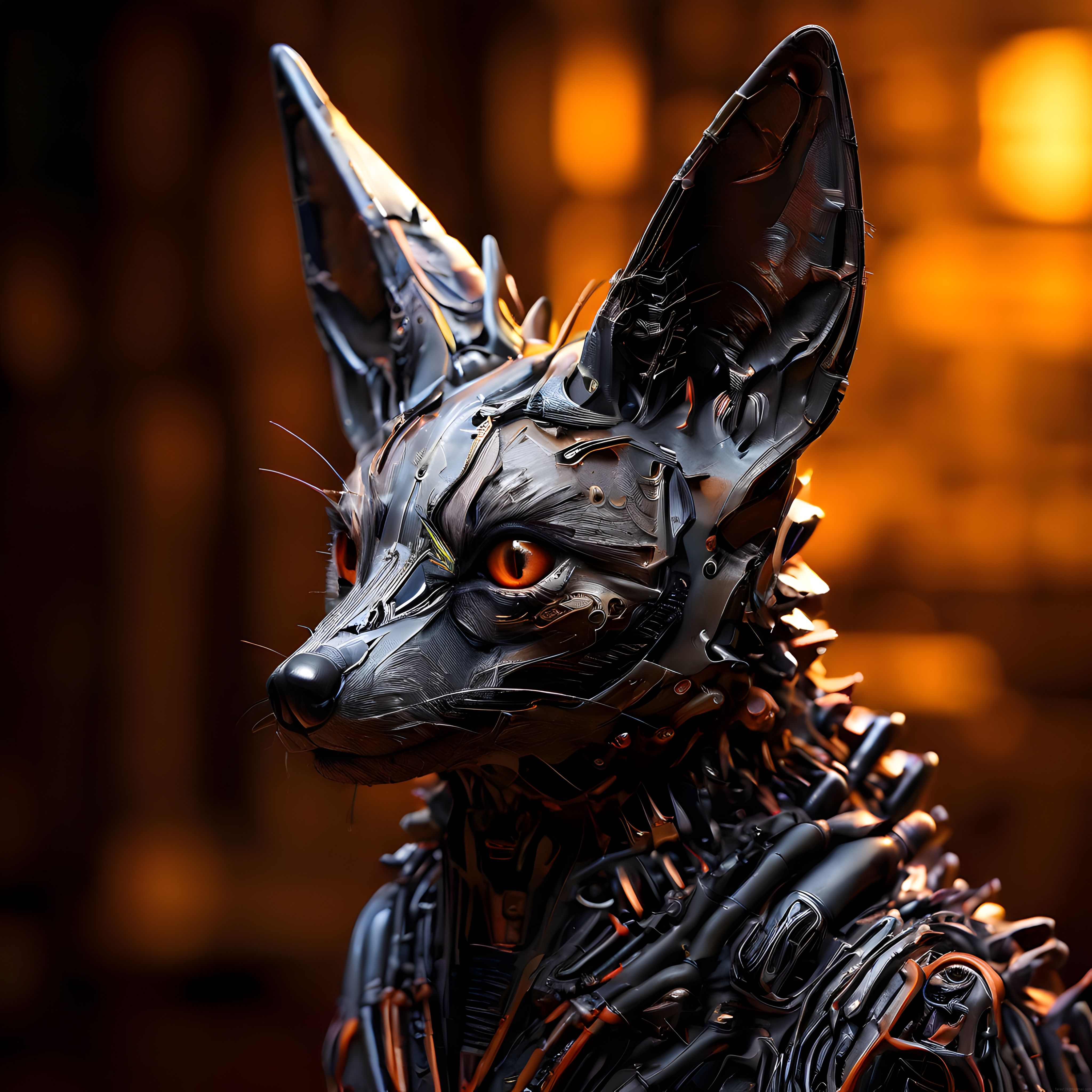 Mekanik Tilki Portresi: Turuncu Gözleriyle Detaylı Cyberpunk Robot Başlığı ve Gövdesi