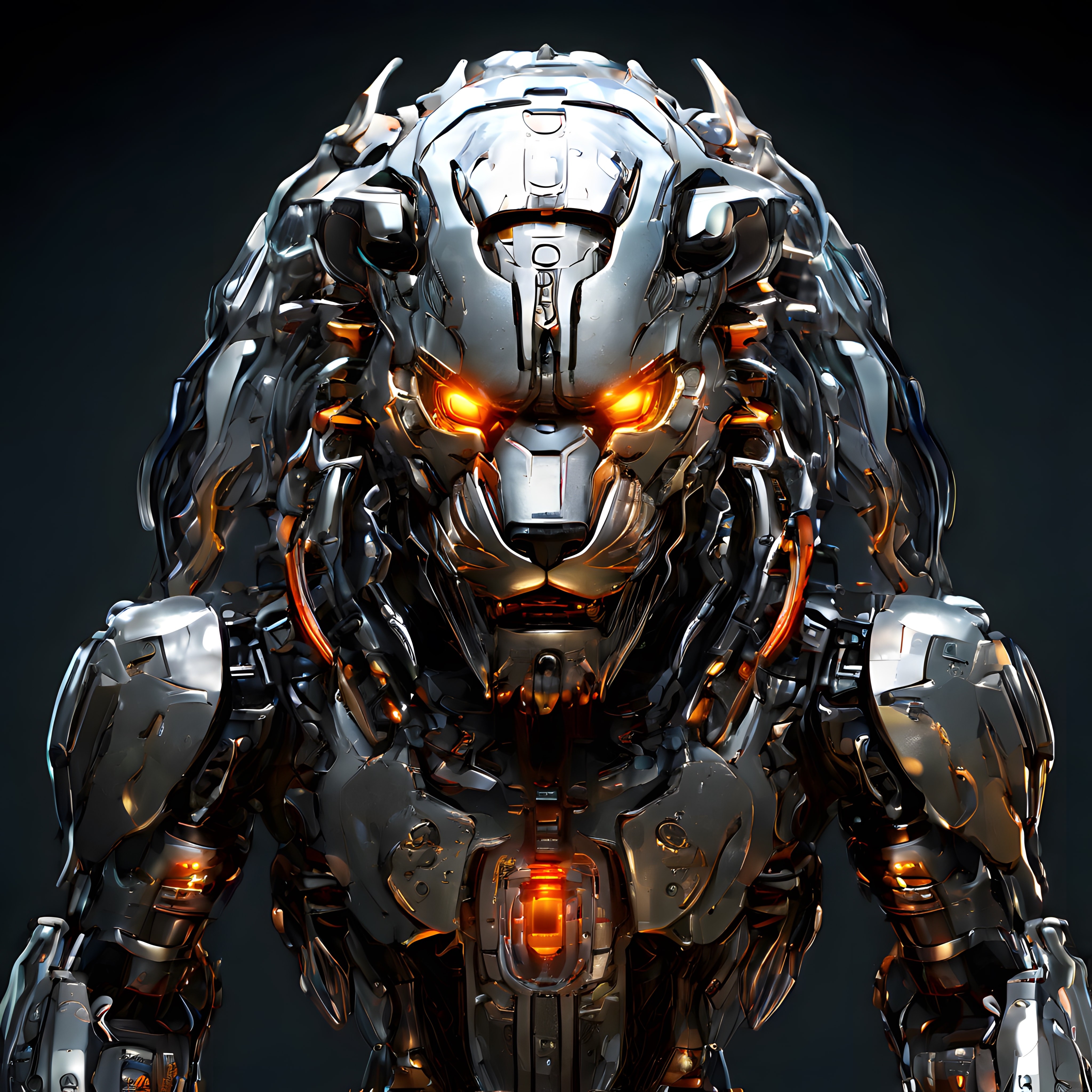 Mekanik Yele ve Turuncu Gözleriyle Geleceğin Metalik Aslan Robot Portresi
