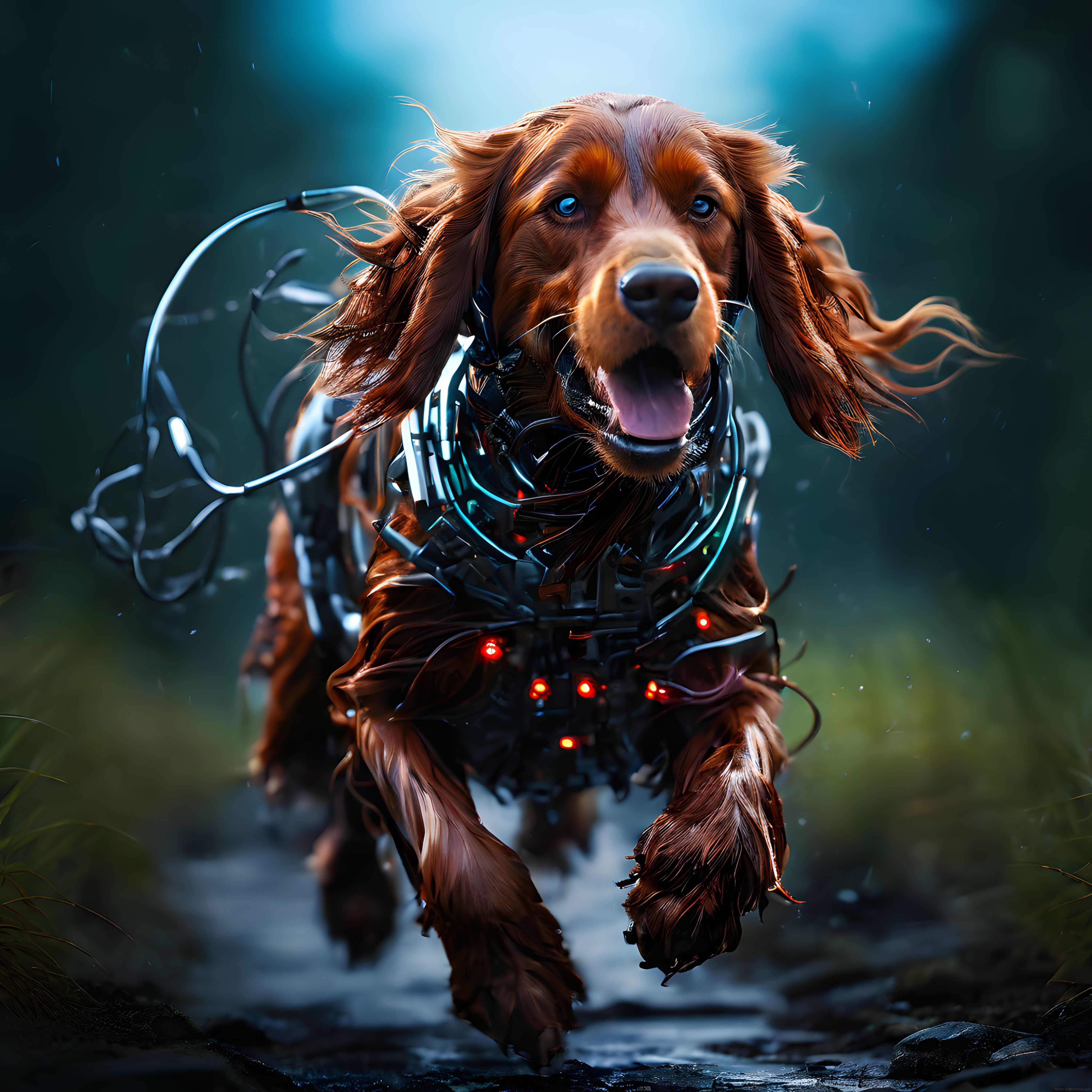 Mekanik Zırhlı Kahverengi Spaniel: Cyberpunk Dijital Sanat İllüstrasyonu