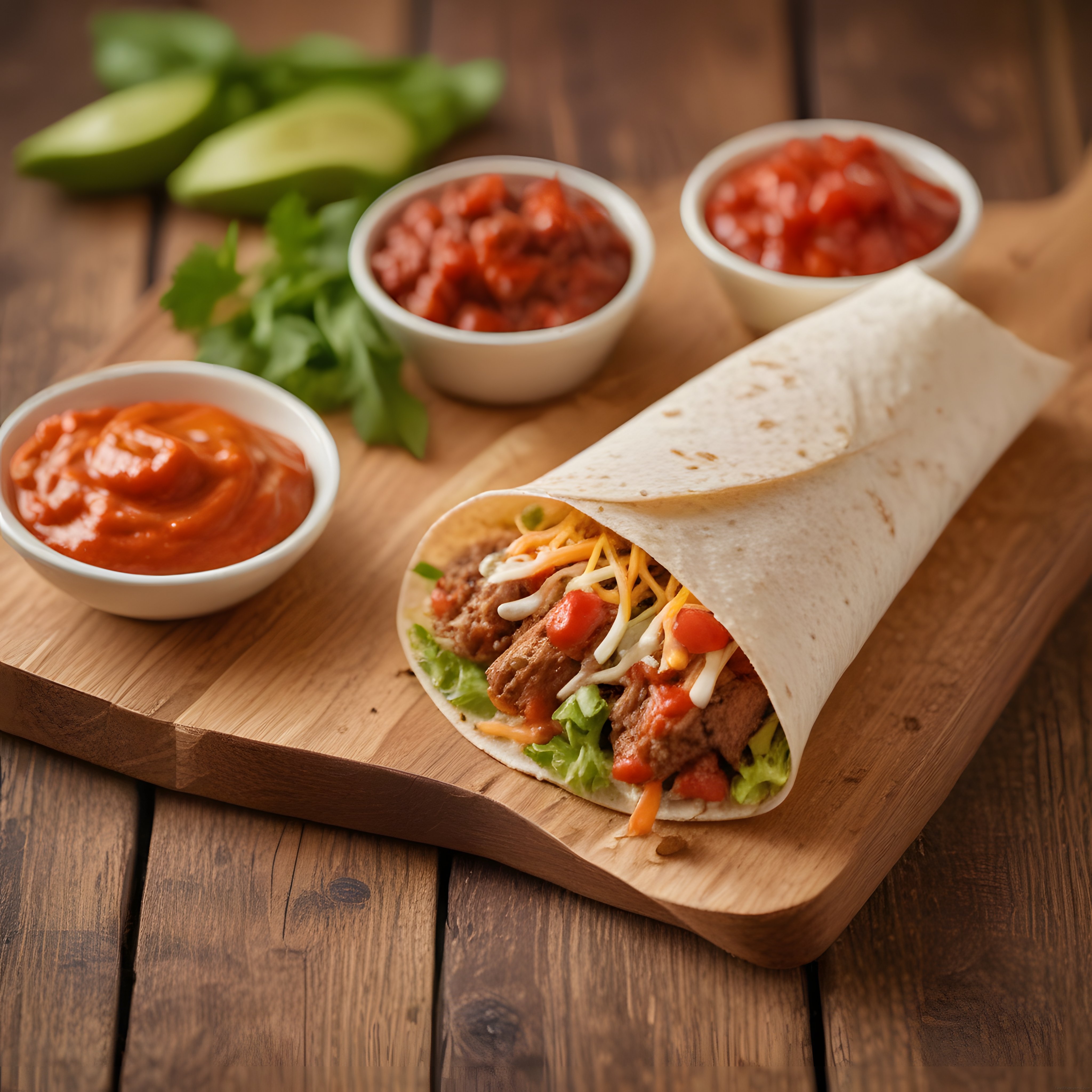 Meksika Mutfağından Etli Burrito Tarifi: Salsa ve Avokado ile Ahşap Sunum