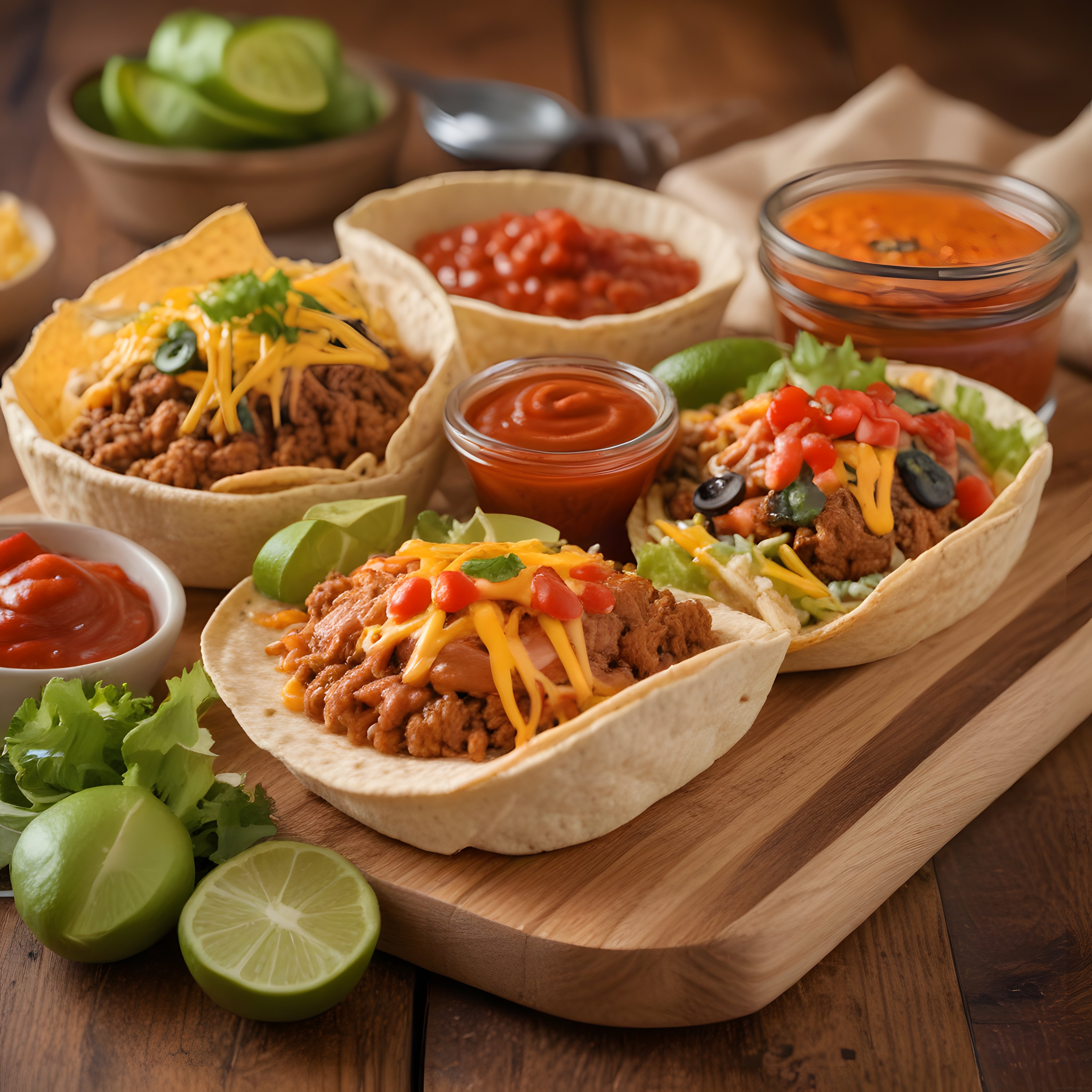 Meksika Mutfağından Nefis Taco Kasesi ve Renkli Soslar Ahşap Sunumda