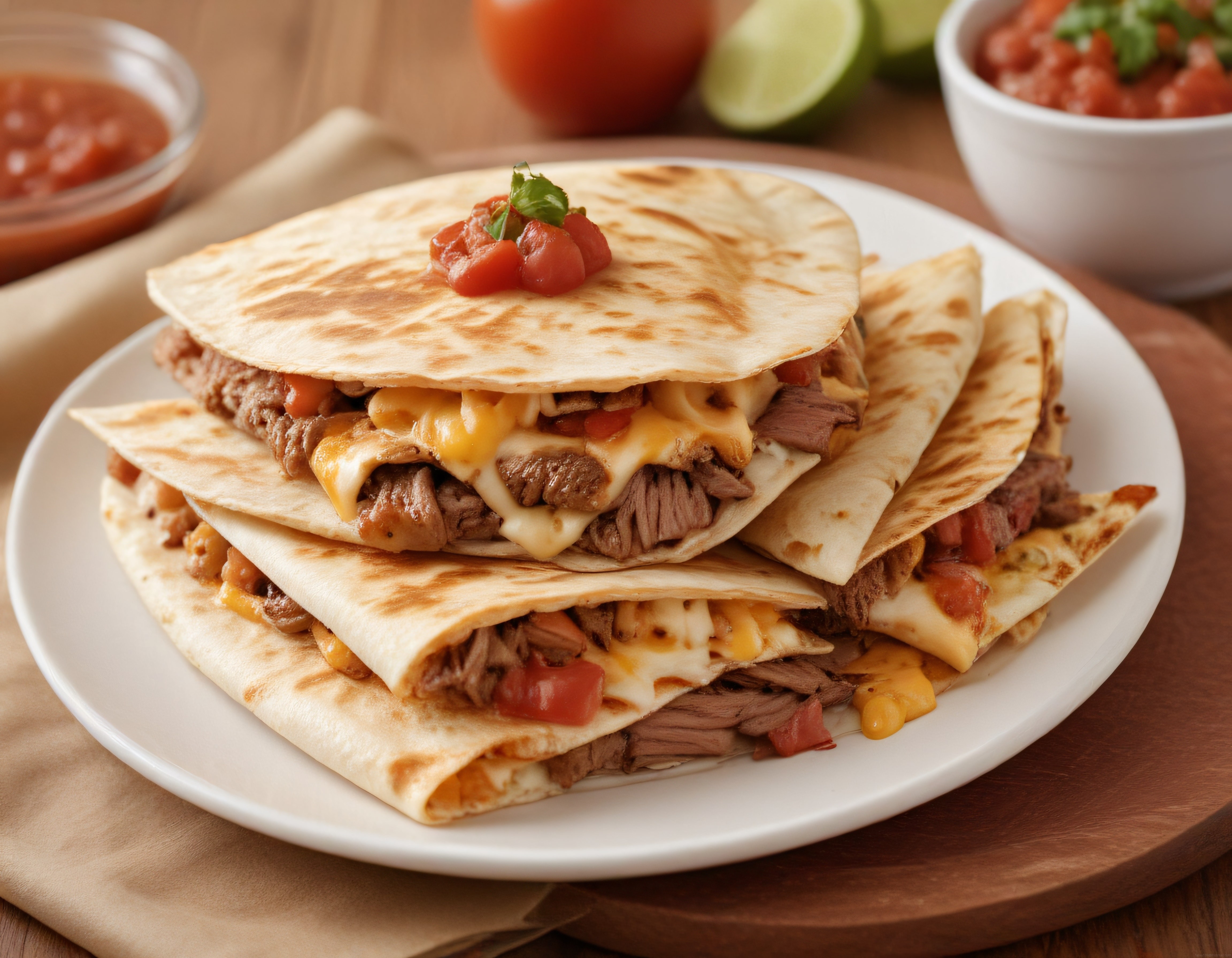 Meksika Usulü Etli Peynirli Quesadilla Sunumu ve Salsa Eşlikçisi