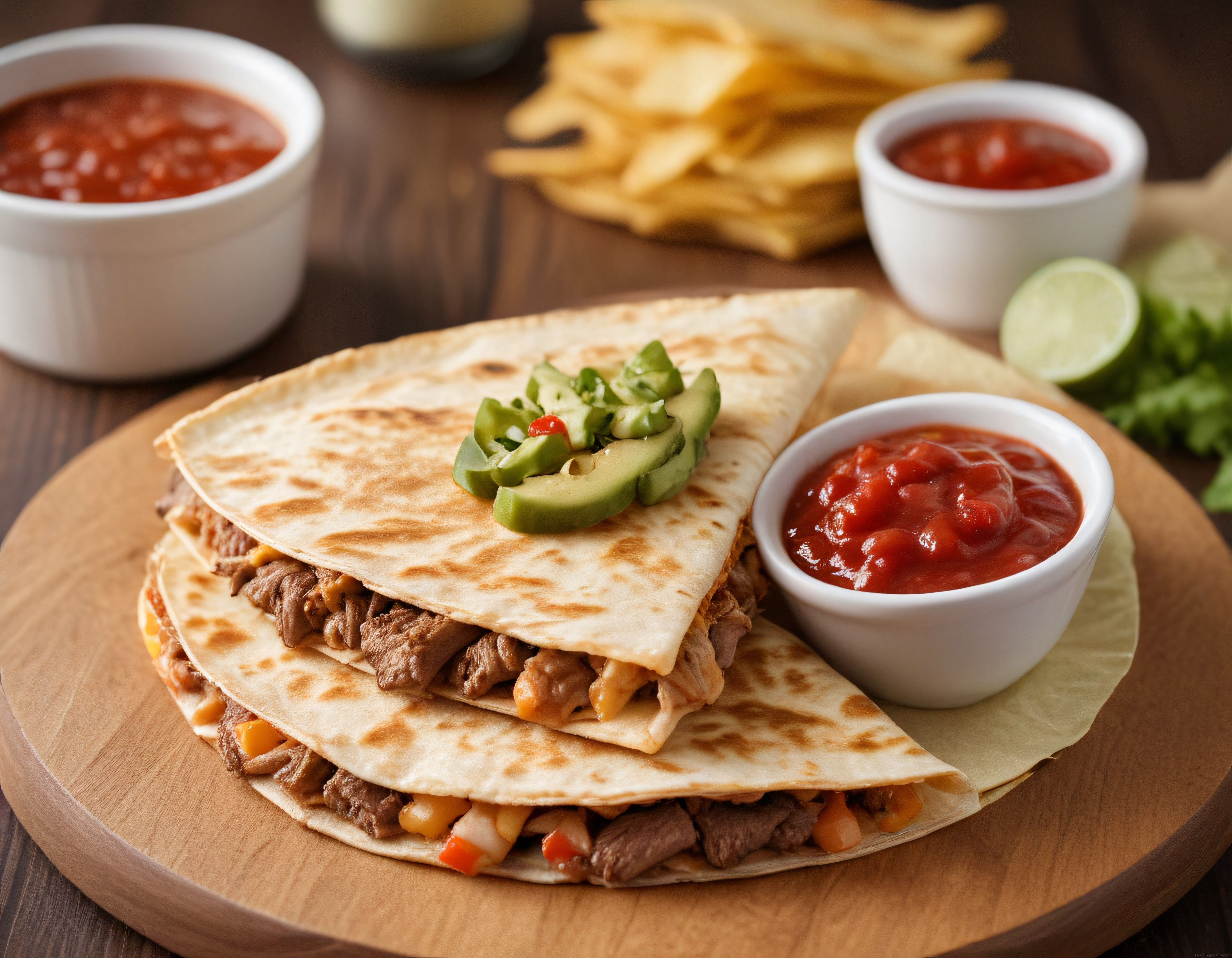 Meksika Usulü Etli Quesadilla ve Salsa Sos ile Ev Yapımı Nachos Sunumu