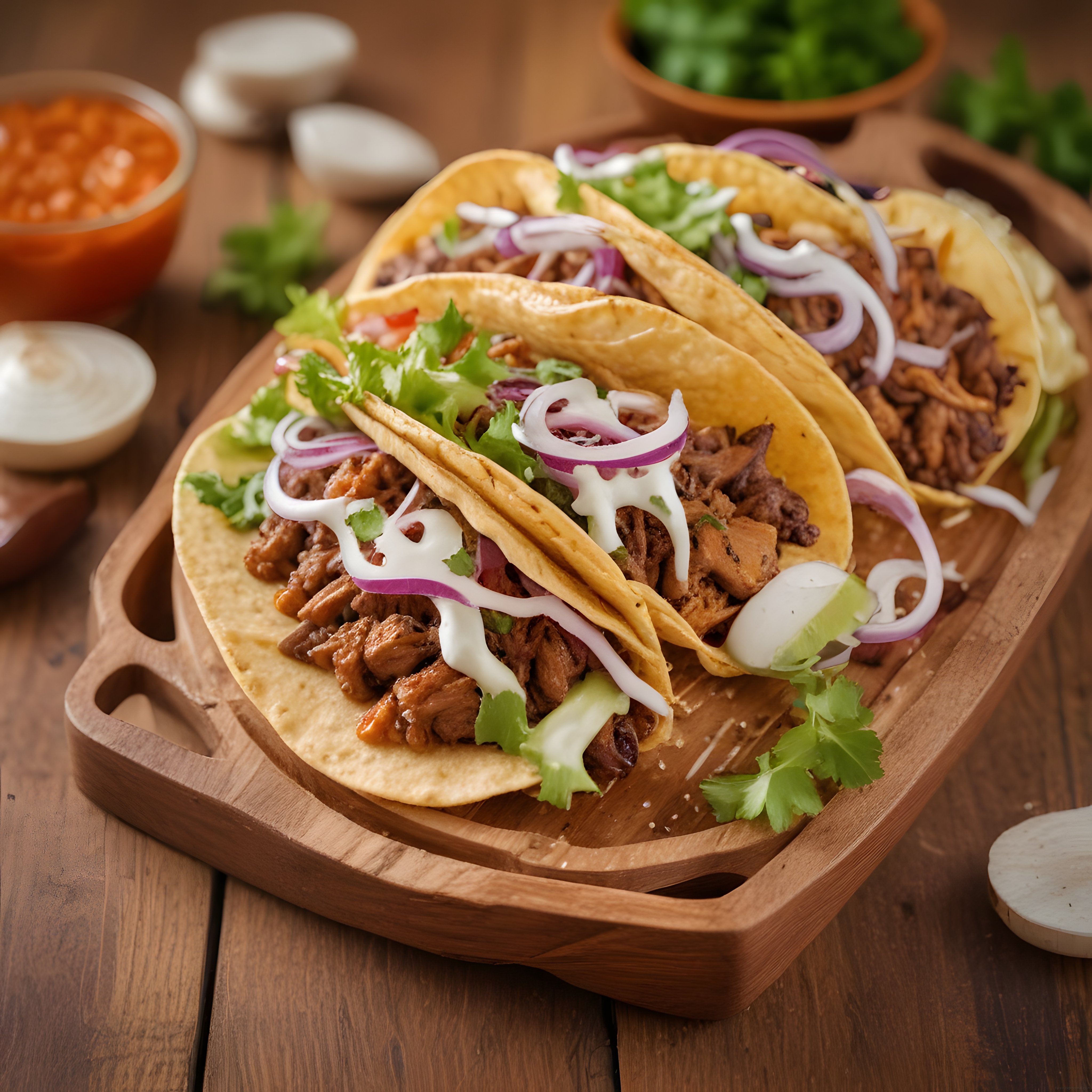 Meksika Usulü Etli Tacos: Taze Kişniş, Soğan ve Özel Soslarla Sunum