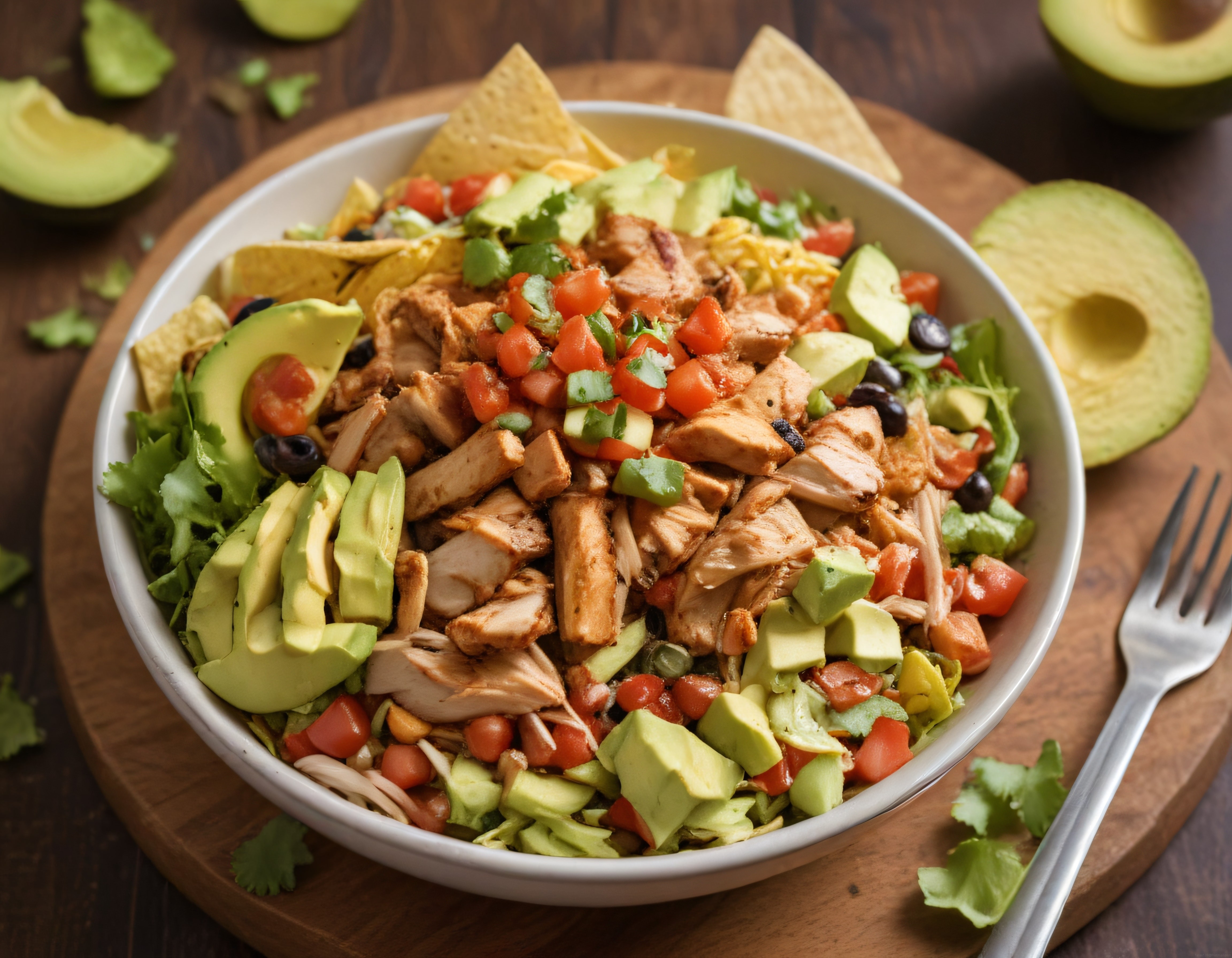 Meksika Usulü Tavuklu Burrito Bowl: Avokadolu Salata ve Tortilla Cipsi