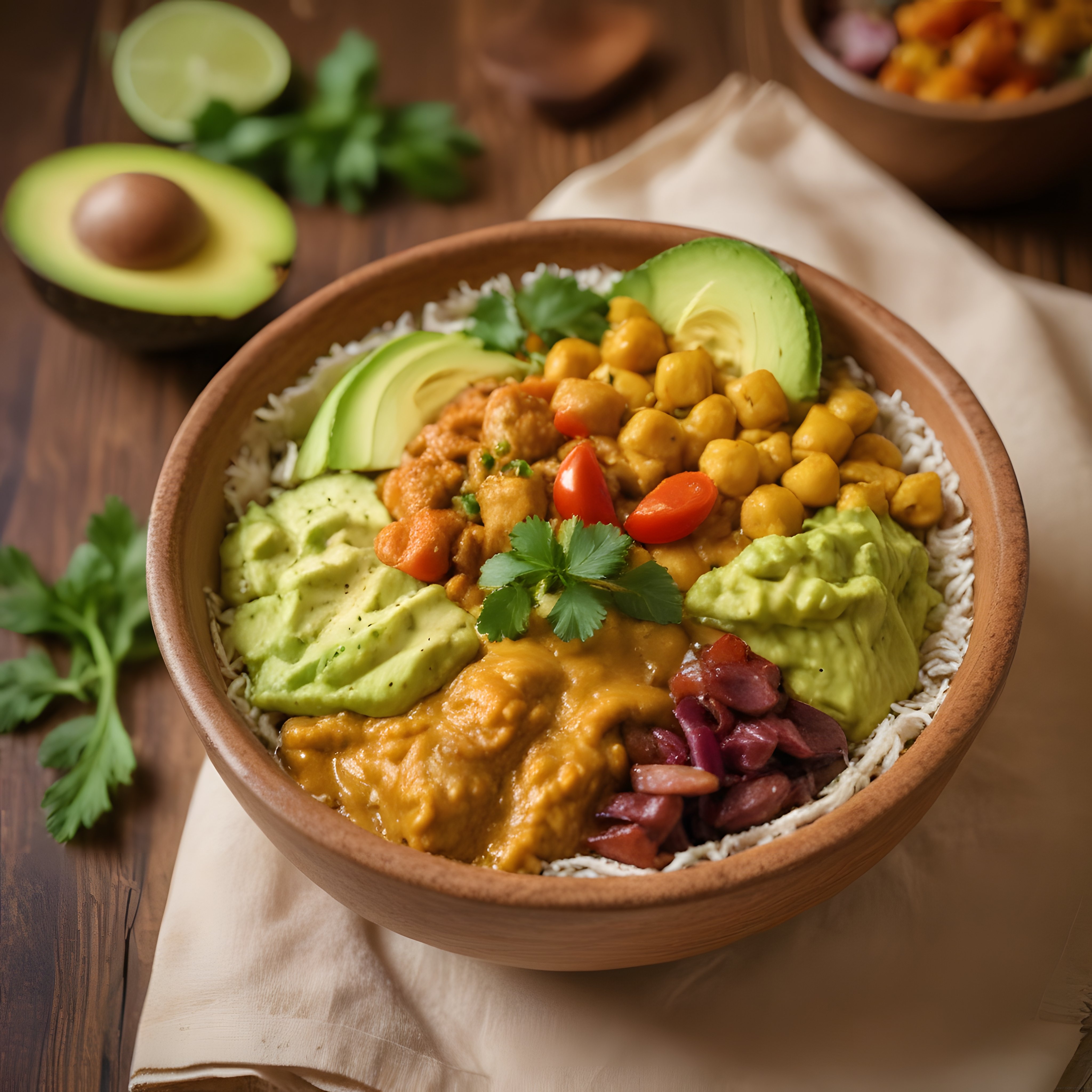 Meksika usulü tavuklu burrito kasesi, avocado ve nohutlu sağlıklı öğün