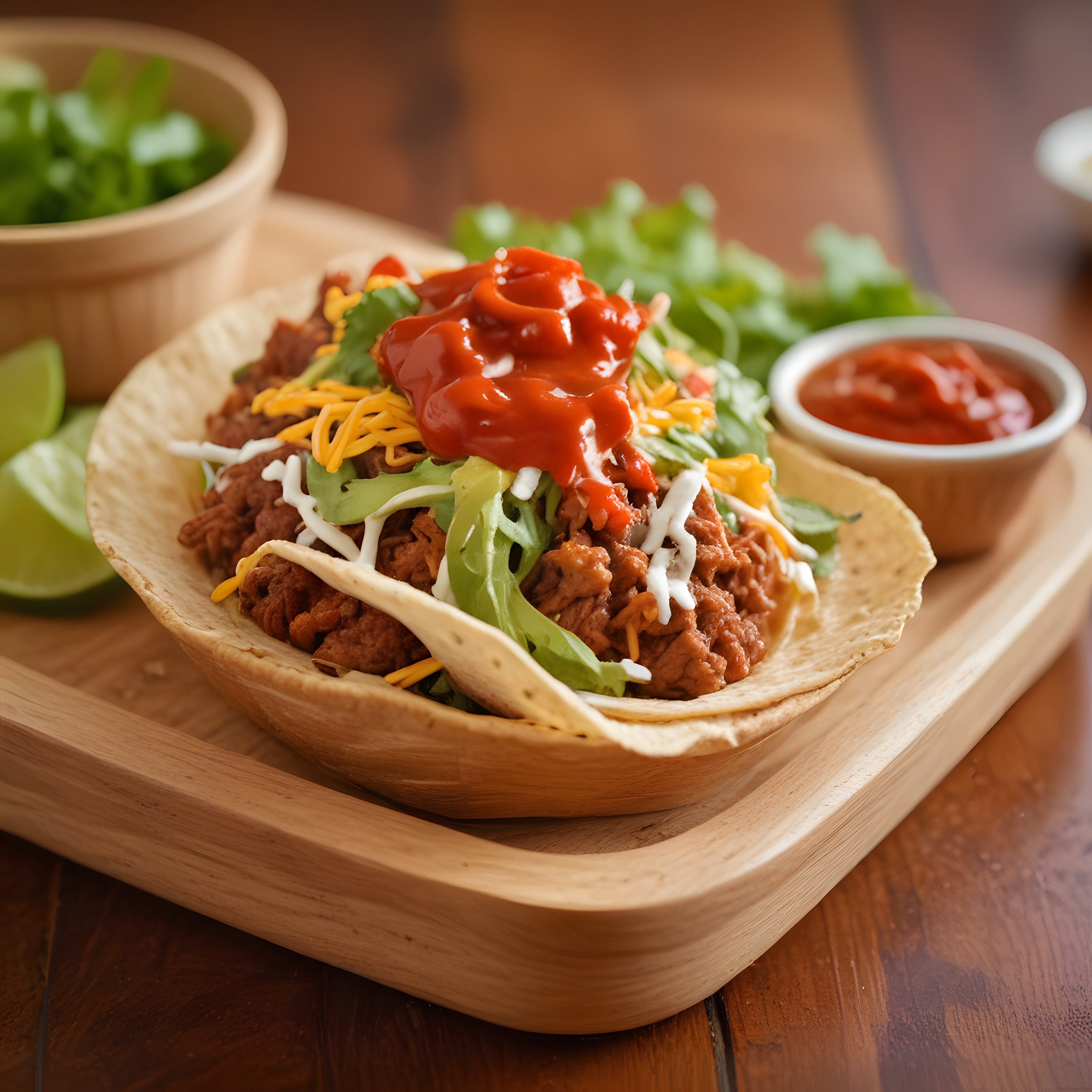 Meksika Usulü Tortilla Kasesinde Baharatlı Et, Peynir ve Sos ile Taco Sunumu
