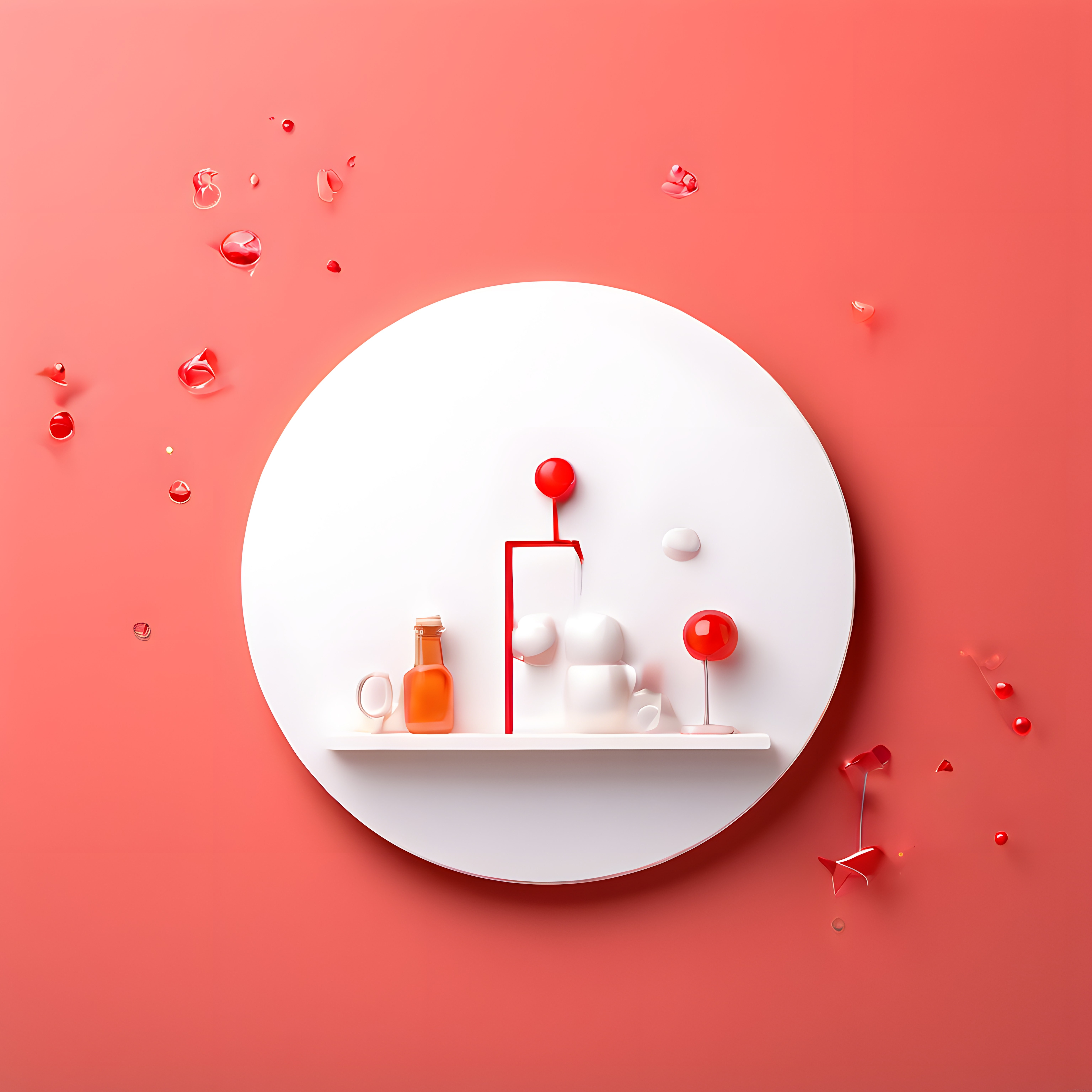 Mercan Fon Üzerinde Minimalist 3D Ürün Vitrini ve Geometrik Kırmızı Aksesuarlar
