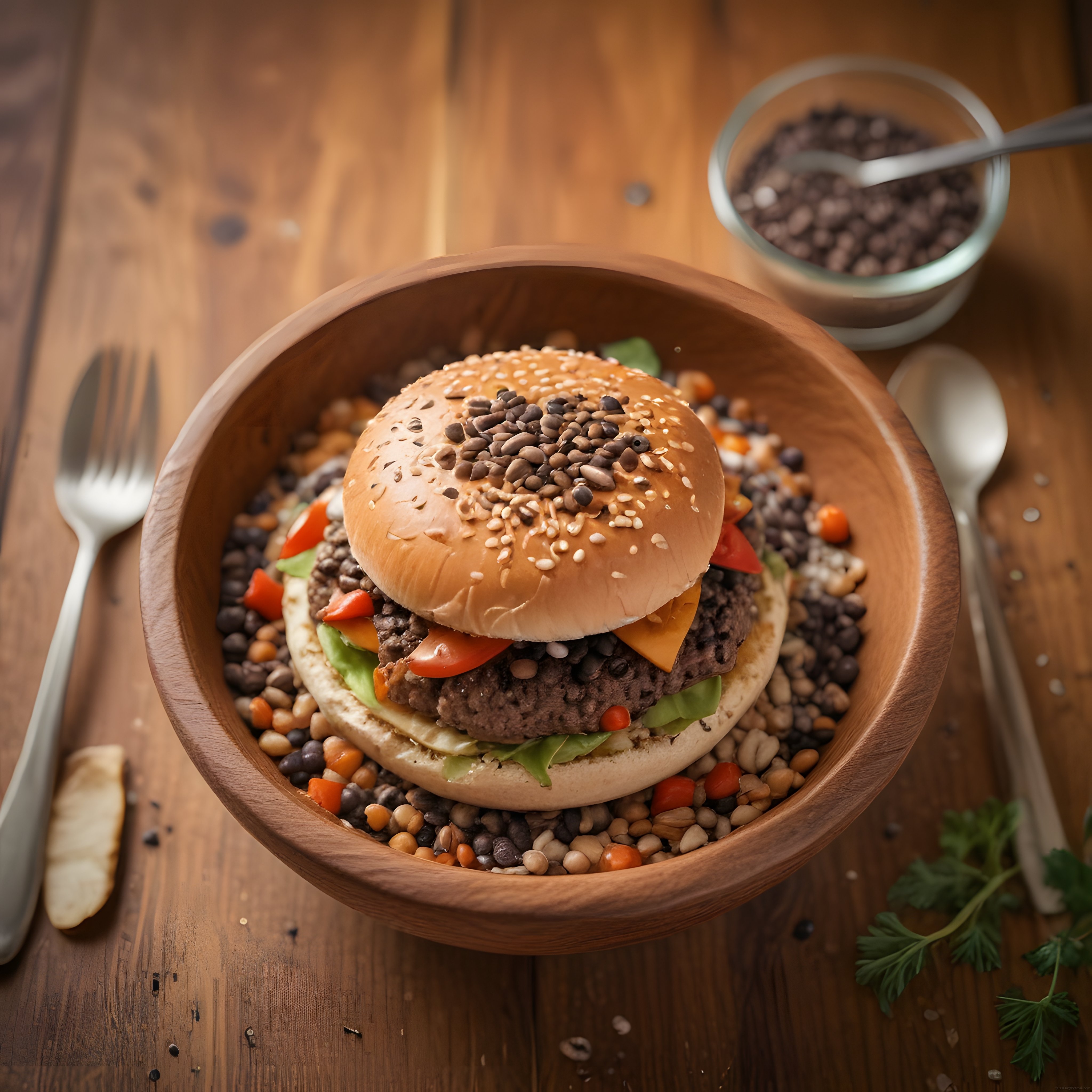 Mercimekli yatakta servis edilen hamburger, susamlı ekmek ve sebzelerle