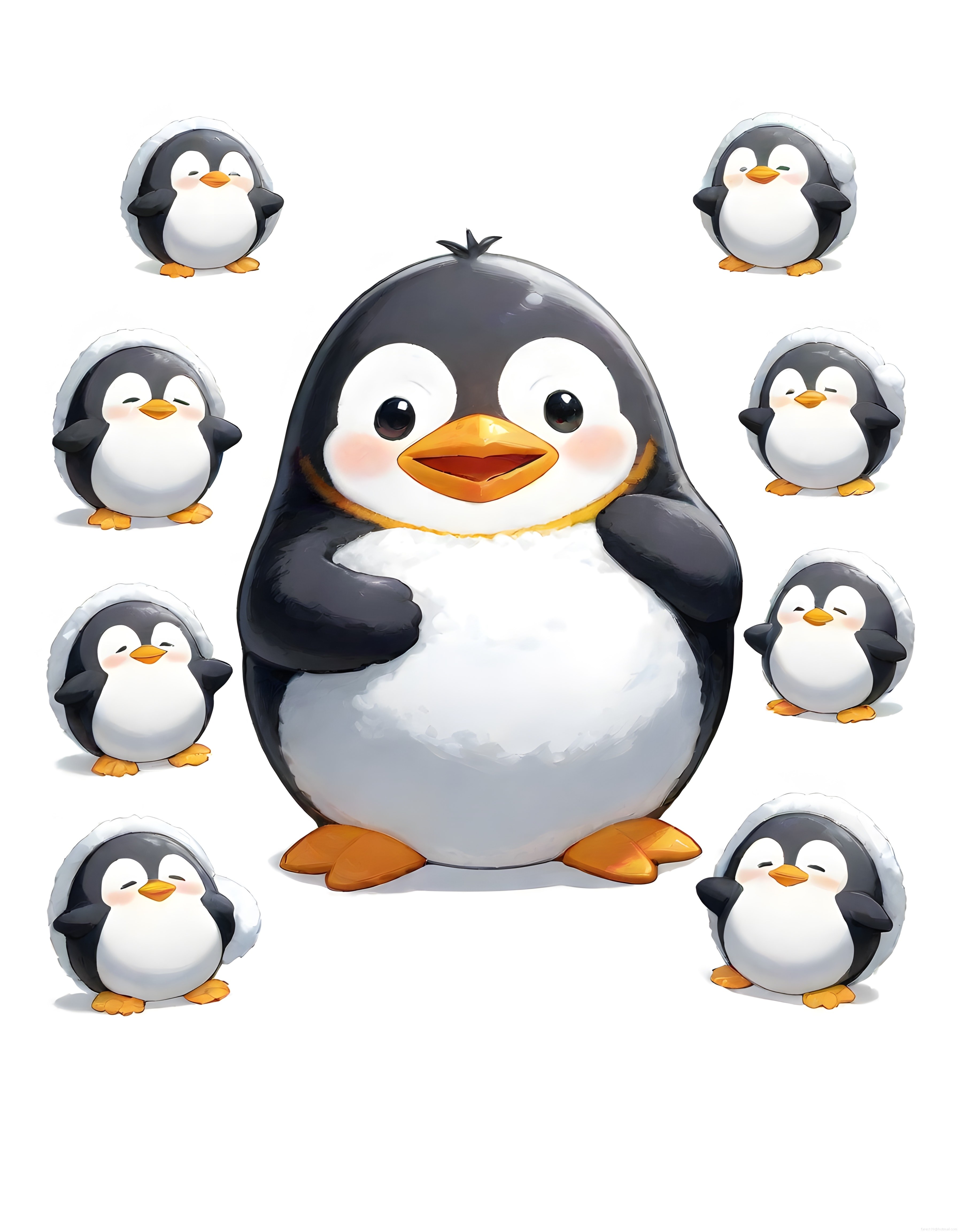 Merkezde gülümseyen büyük penguen ve etrafını saran sevimli yavru penguenler