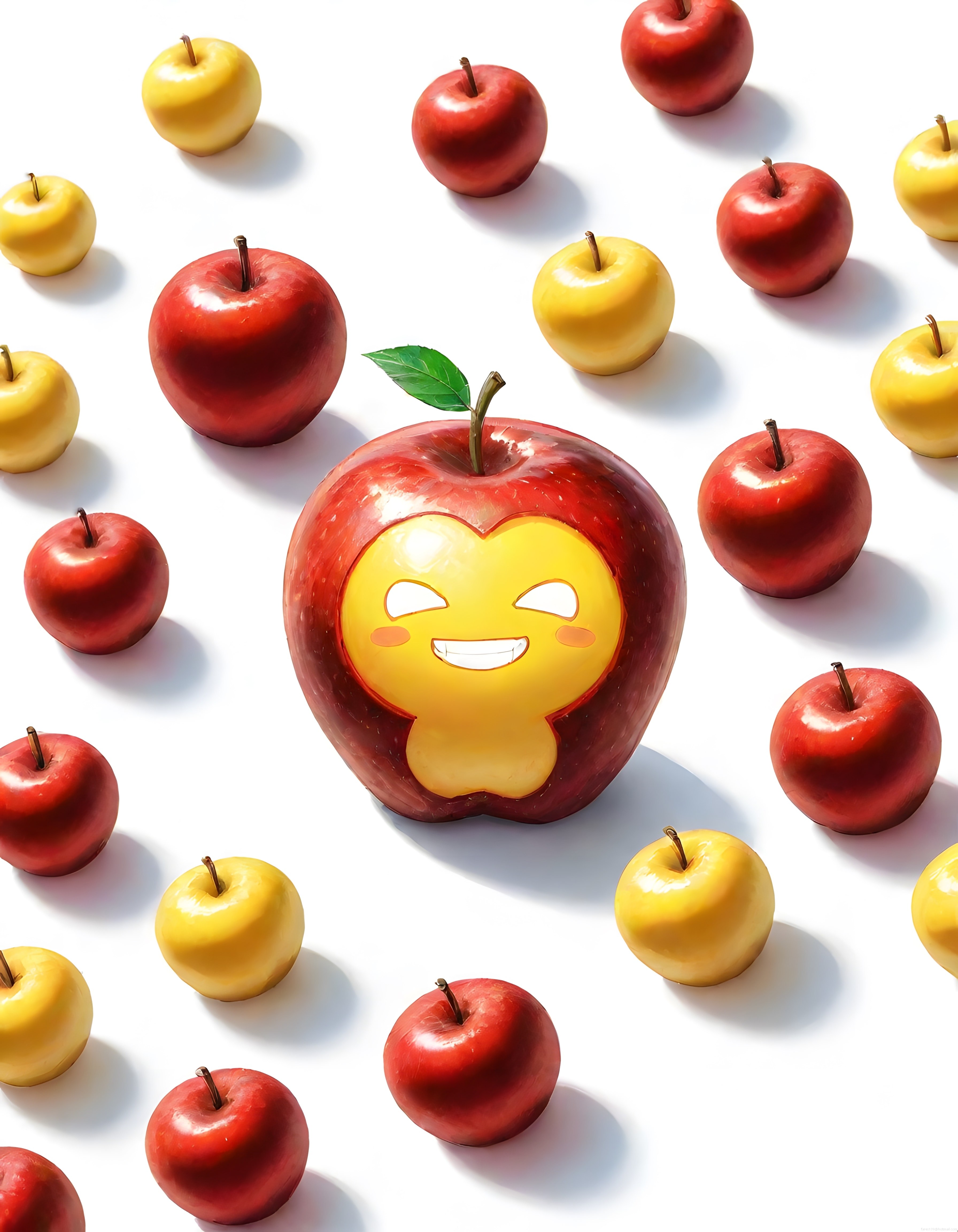 Merkezde Gülümseyen Emoji Yüzlü Kırmızı Elma ve Etrafındaki Sarı Kırmızı Elmalar