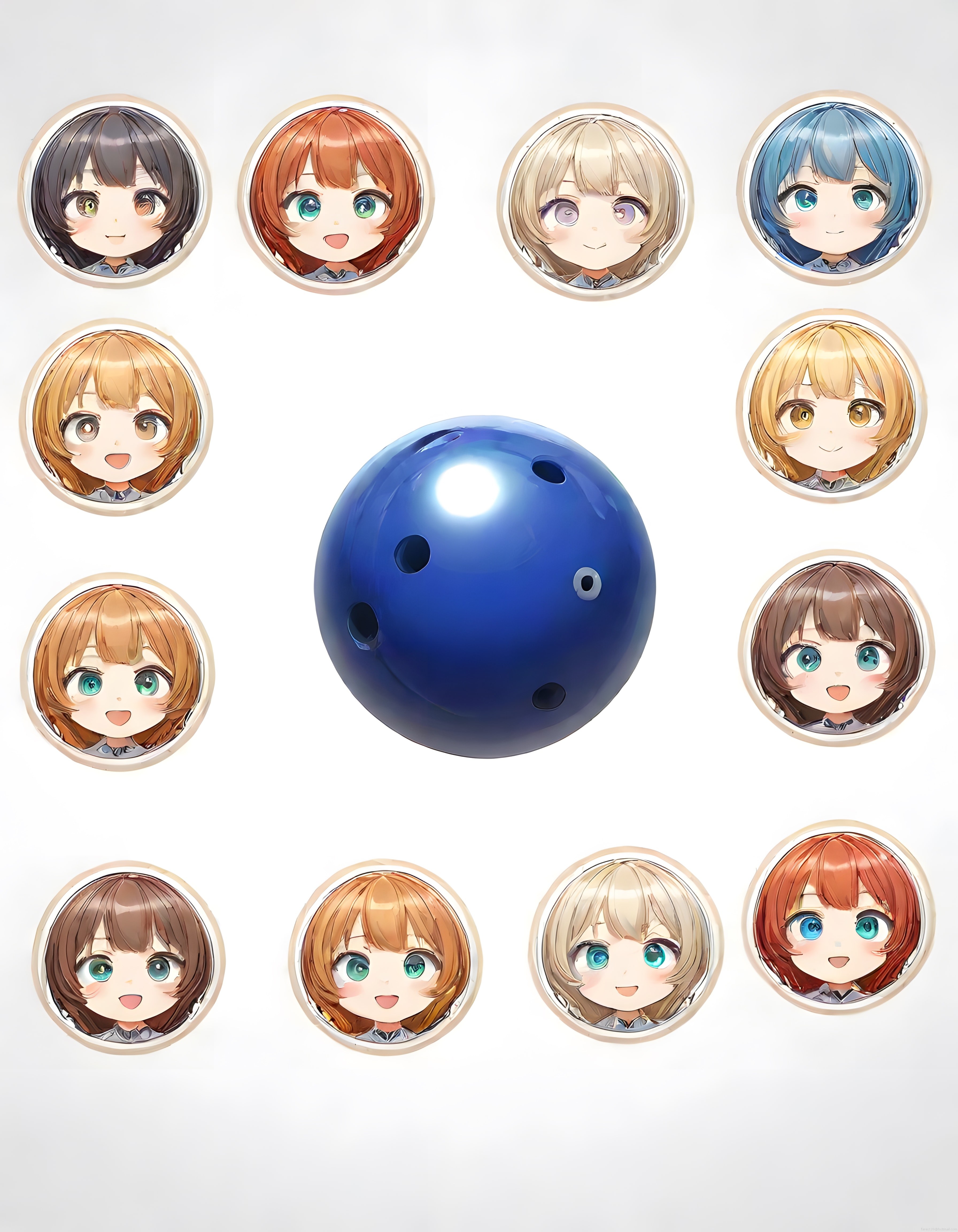 Merkezde Mavi Bowling Topu ve Çevresinde On Adet Sevimli Chibi Anime Karakteri