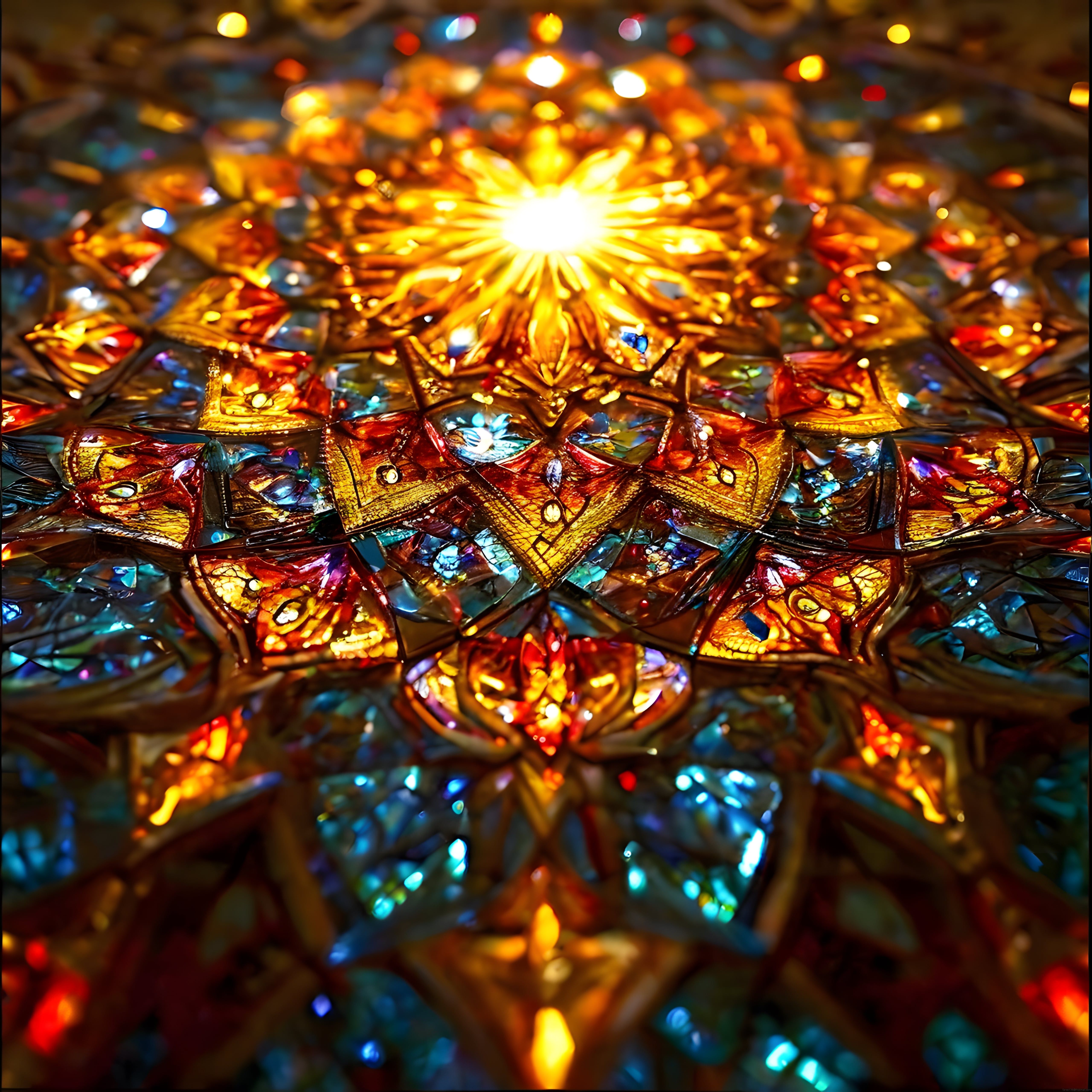Merkezde Parlayan Altın Işıltılı Simetrik Kristal Mandala ve Renkli Cam Motifleri