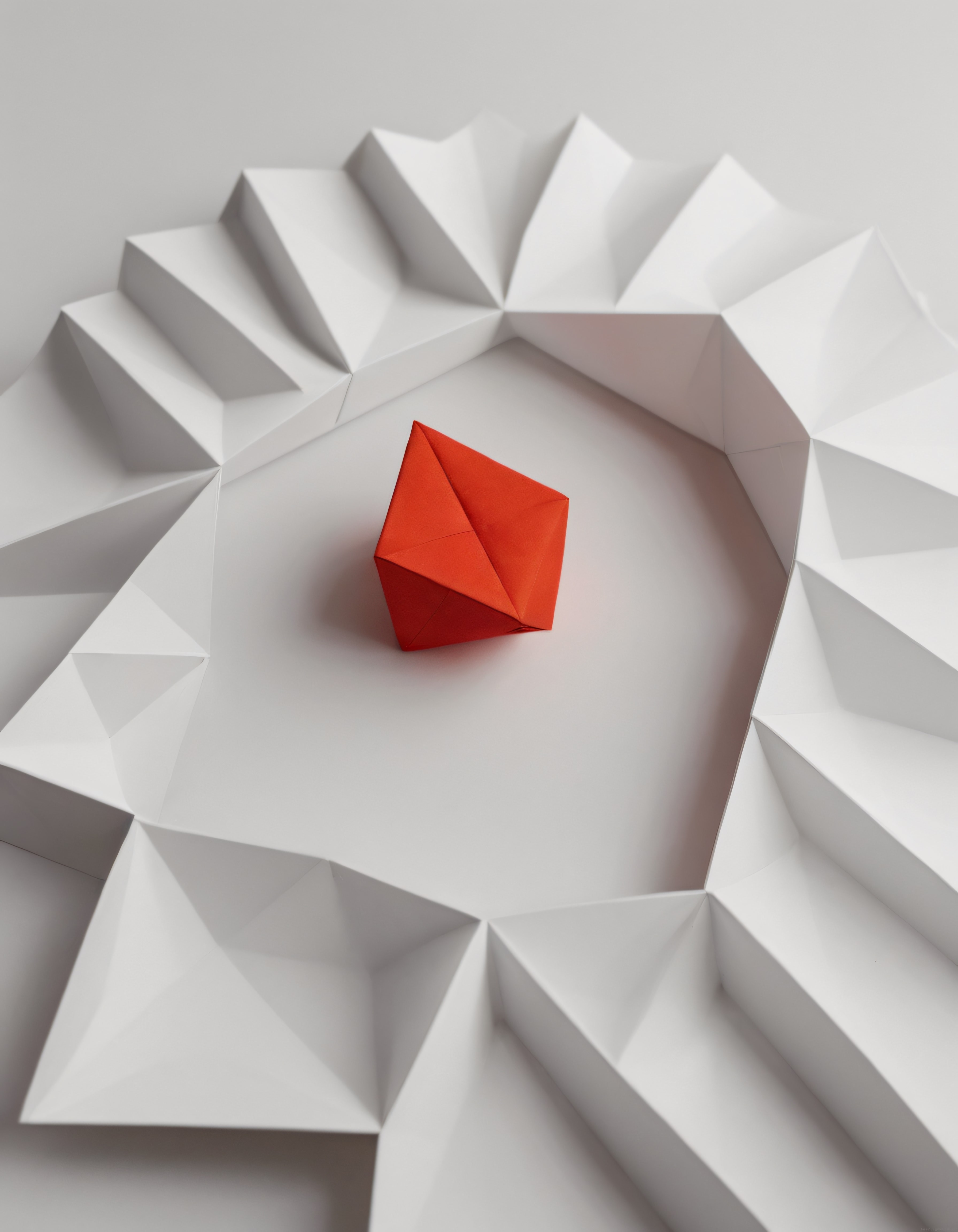 Merkezde Turuncu Origami Küp ve Beyaz Kağıttan Geometrik Çiçek Formu