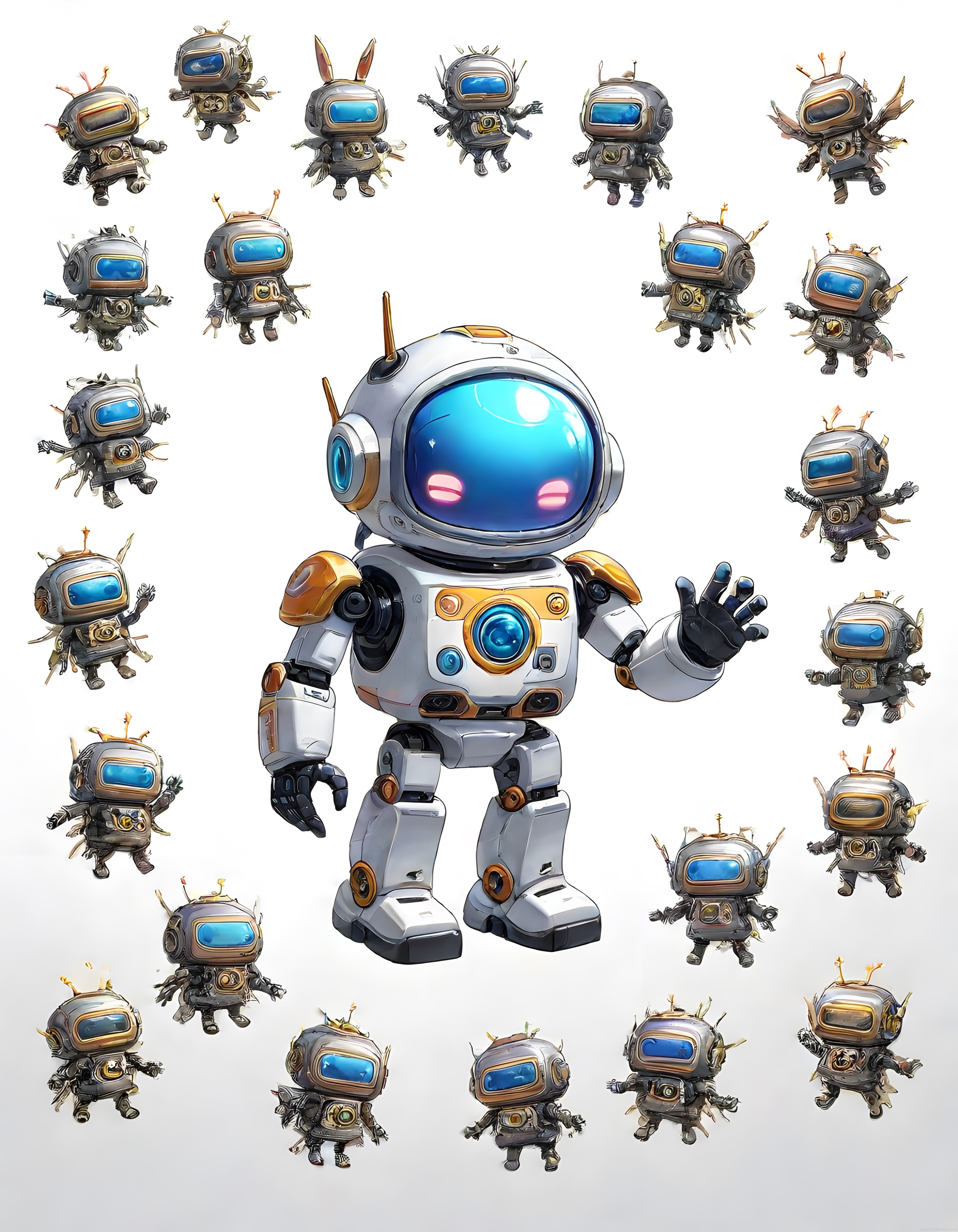 Merkezdeki Sevimli Robot ve Etrafındaki Farklı Stillerdeki Mini Robot Figürleri