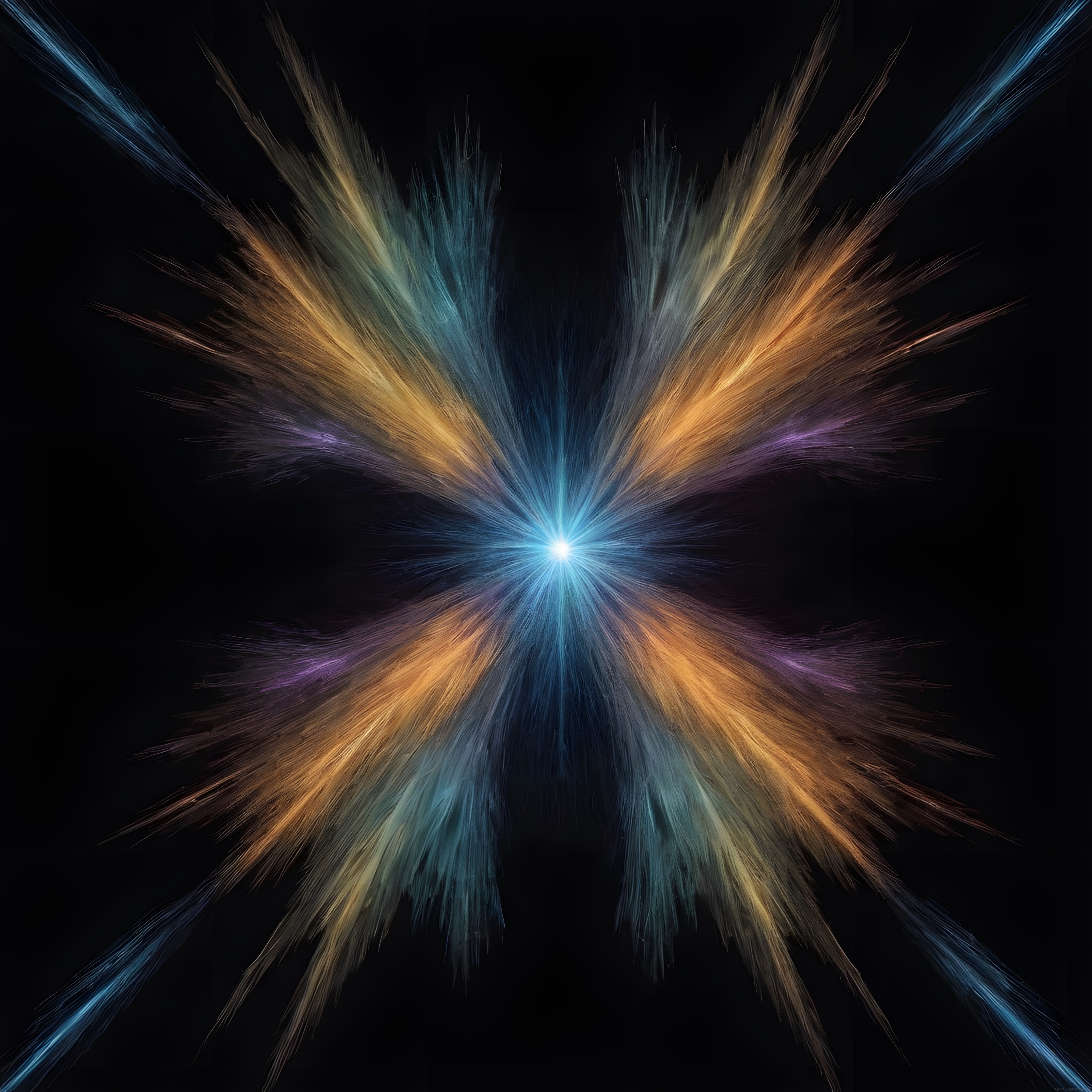 Merkezden Yayılan Renkli Işık Demetleriyle Soyut Dijital Sanat Komposizyonu