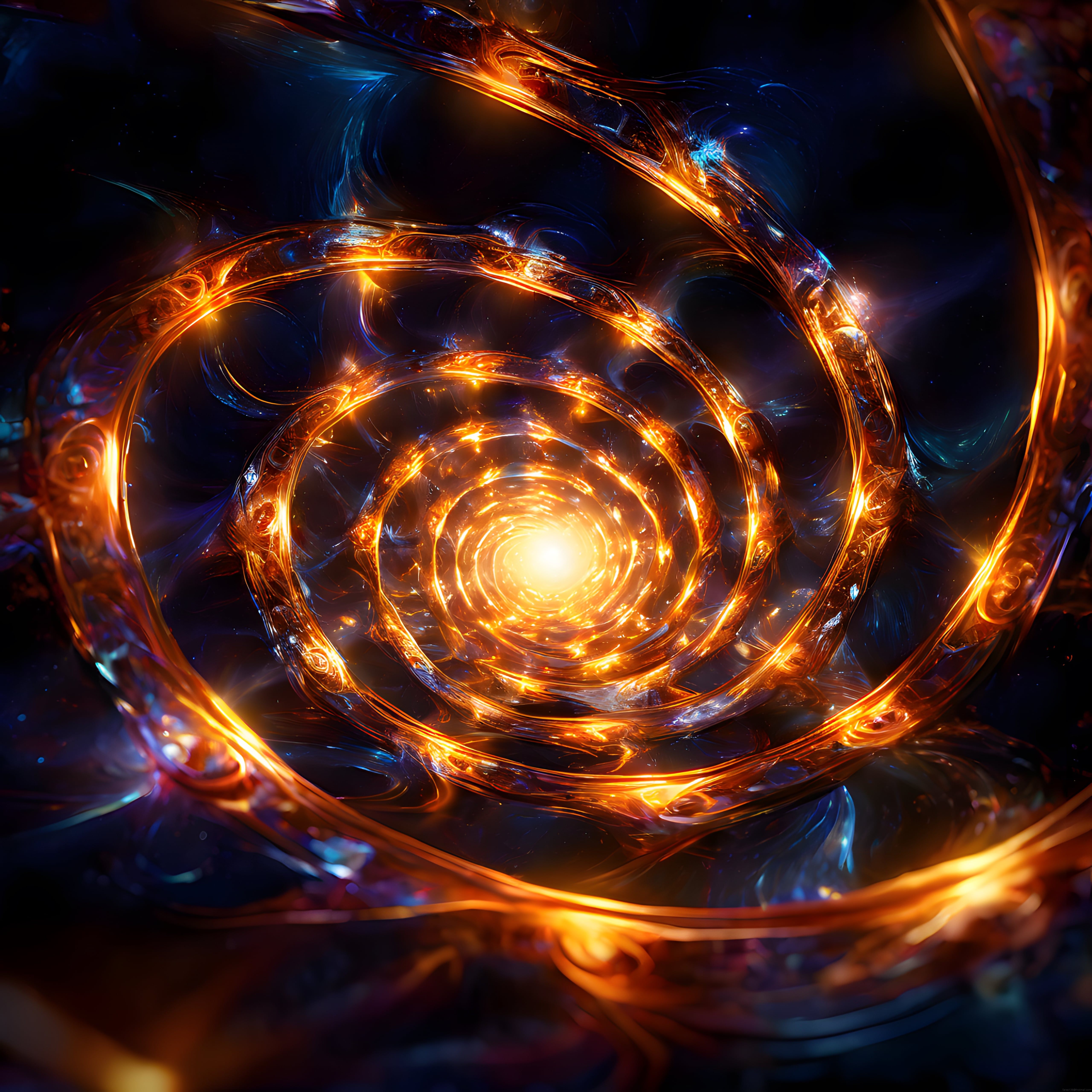 Merkezinde Parıldayan Soyut Enerji Halkaları ve Kozmik Işık Spiral Dijital Sanat