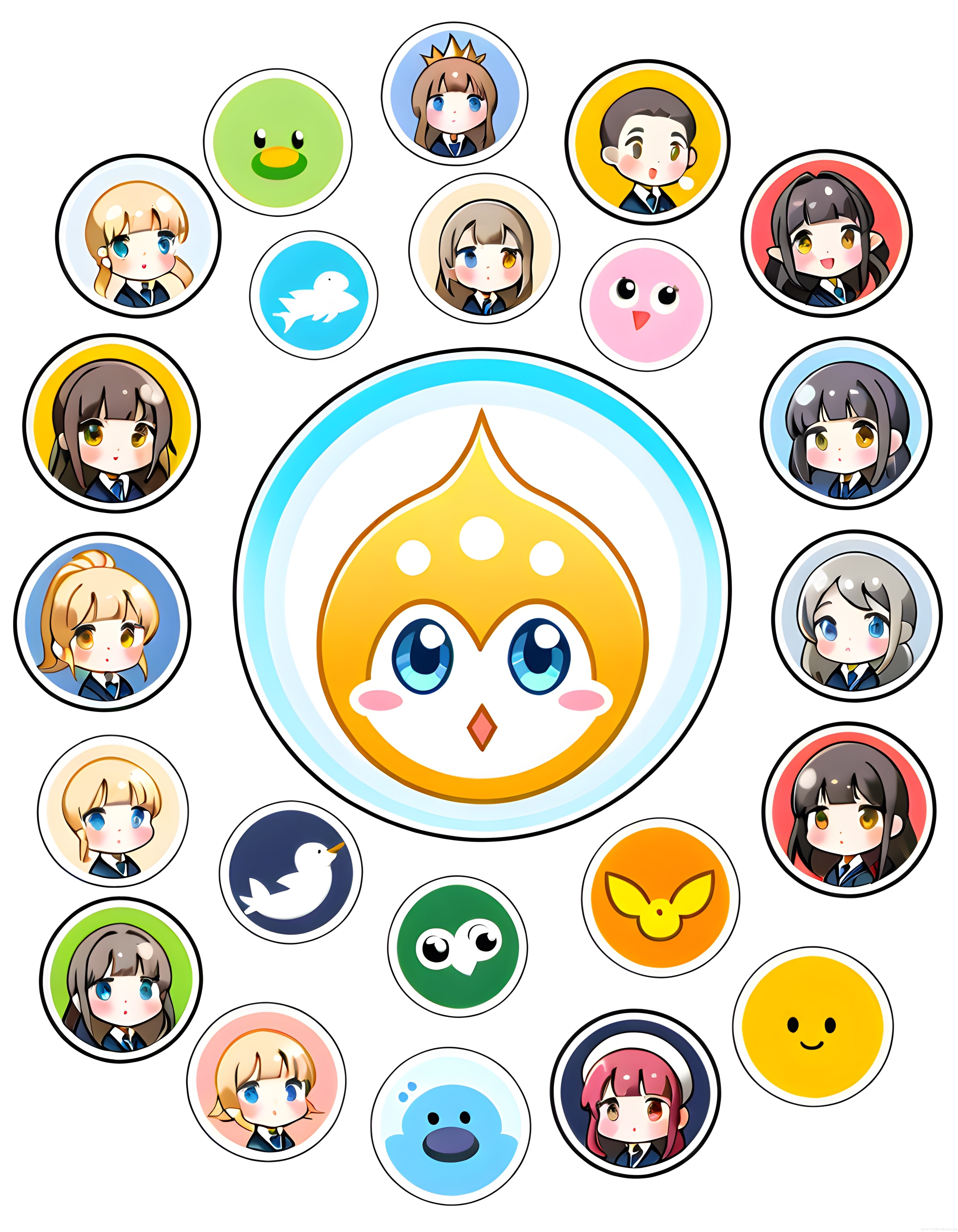 Merkezinde Sevimli Civciv Maskotu Bulunan Renkli Anime Chibi Karakter Koleksiyonu