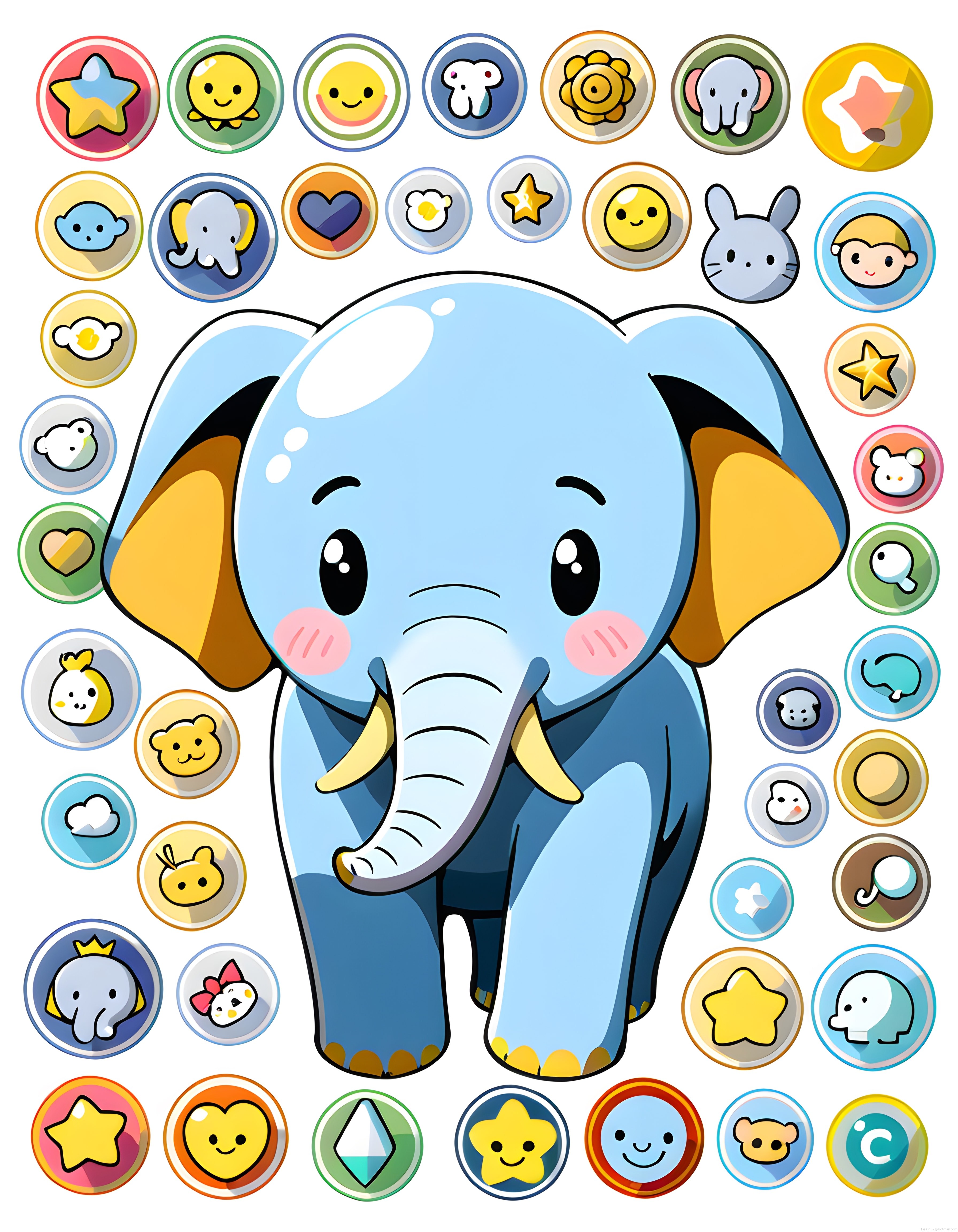 Merkezinde Üzgün Mavi Filin Olduğu Renkli Kawaii Rozet ve Sticker Koleksiyonu