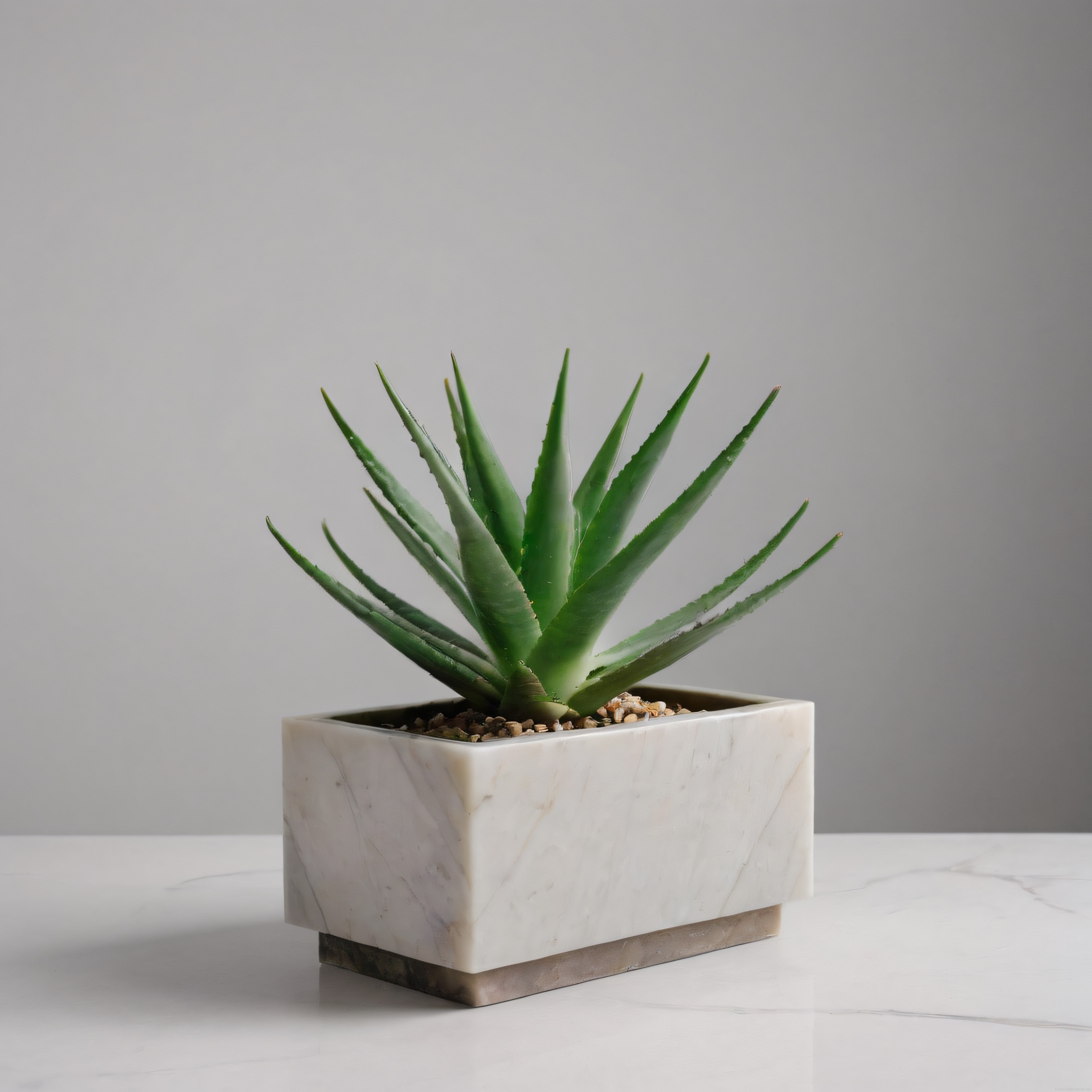 Mermer desenli şık saksıda aloe vera bitkisi ve modern minimalist ev dekorasyonu