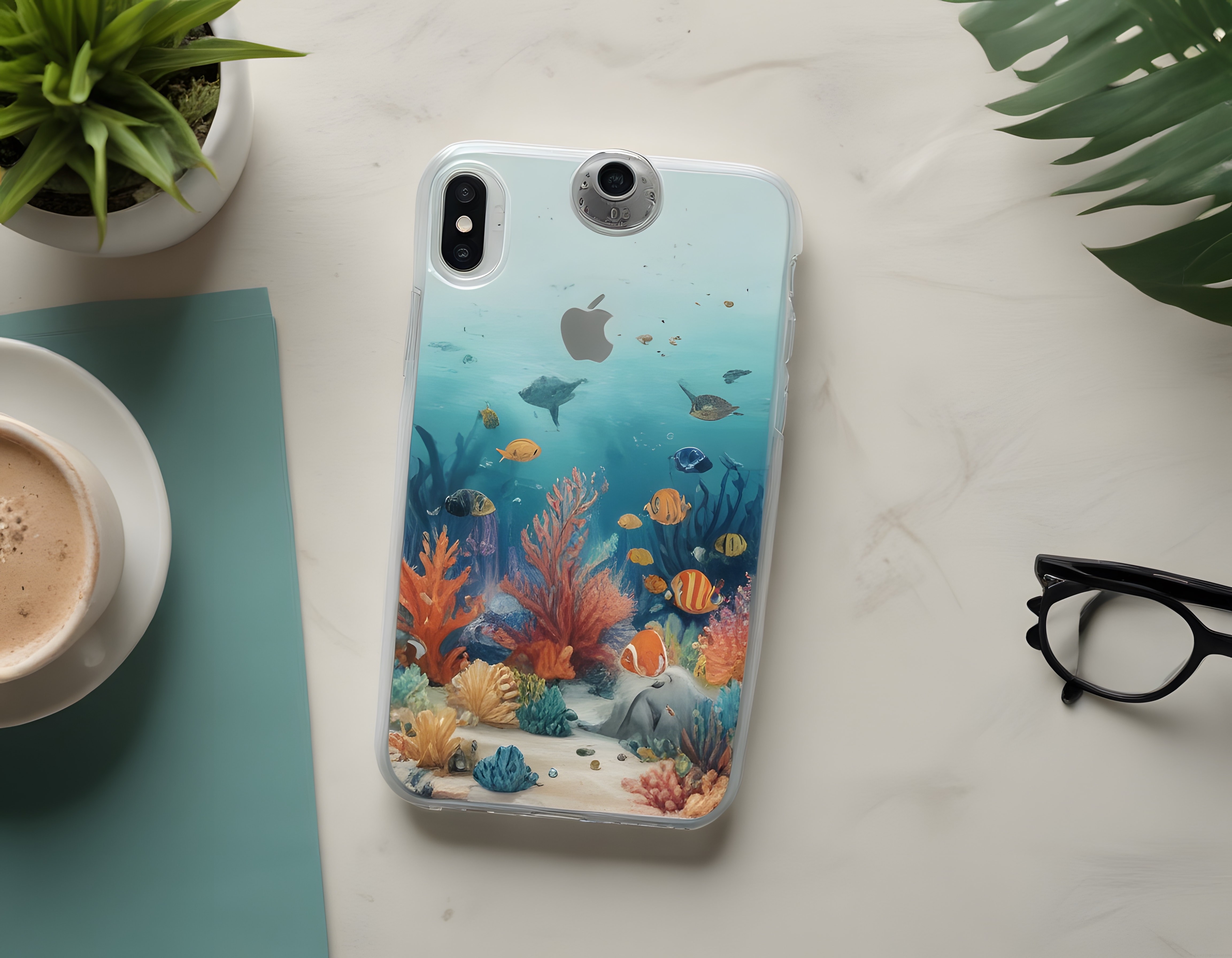 Mermer masada su altı mercan resifli ve balık desenli iPhone kılıfı düzenlemesi