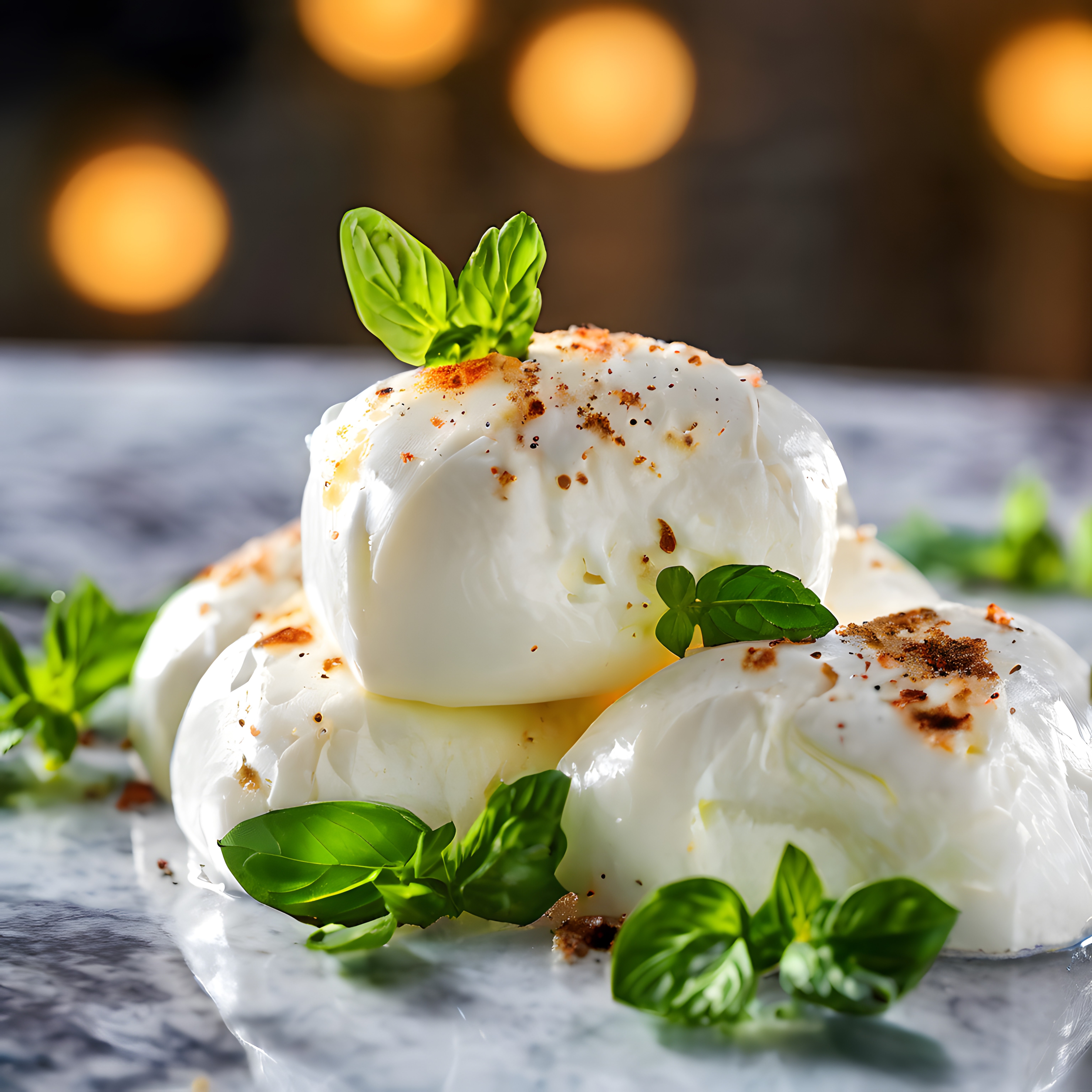 Mermer Zemin Üzerinde Fesleğen ve Baharatlarla Süslenmiş Taze Mozzarella Peyniri