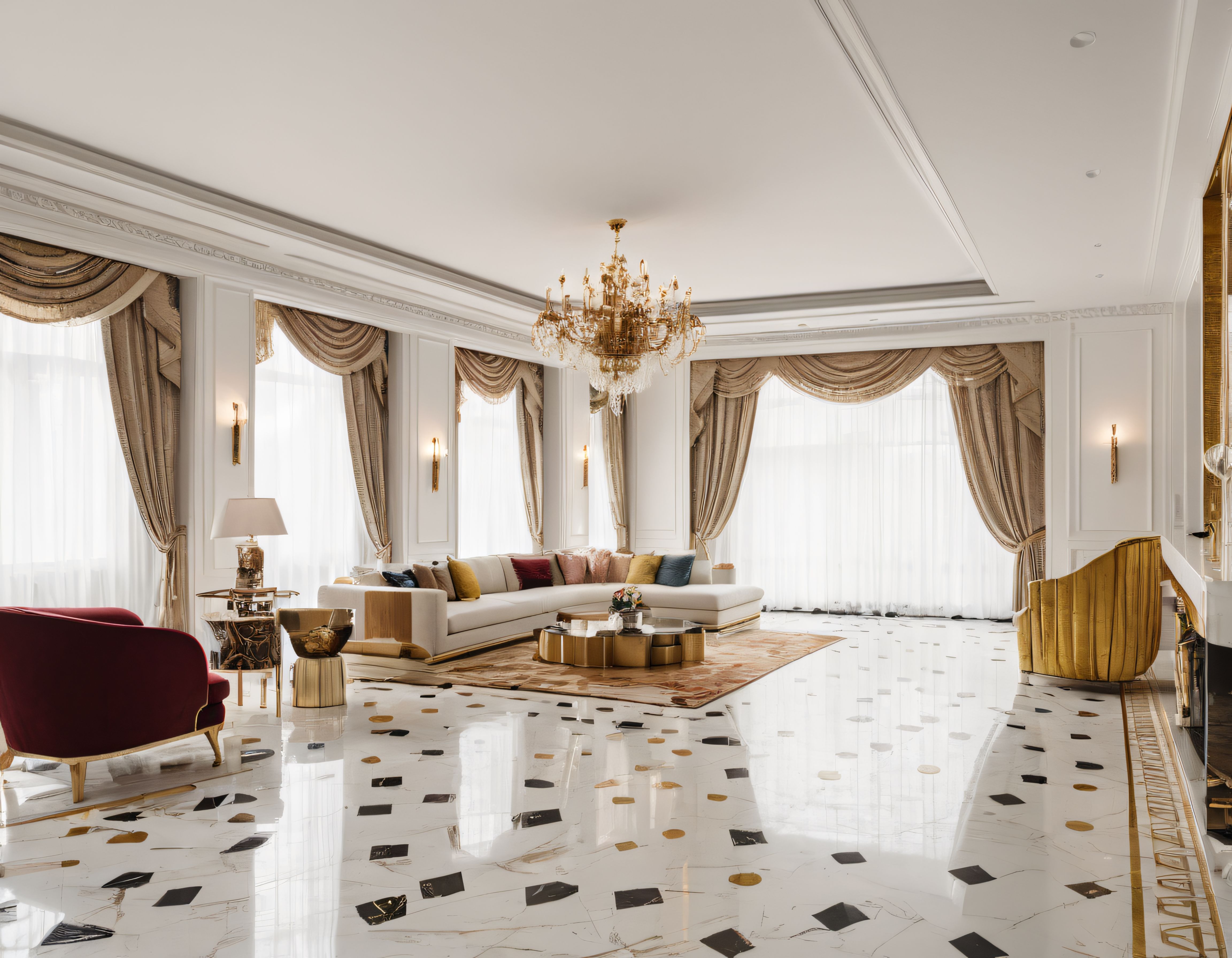 Mermer zeminli ve kristal avizeli lüks konut salon dekorasyonu iç mekan tasarımı