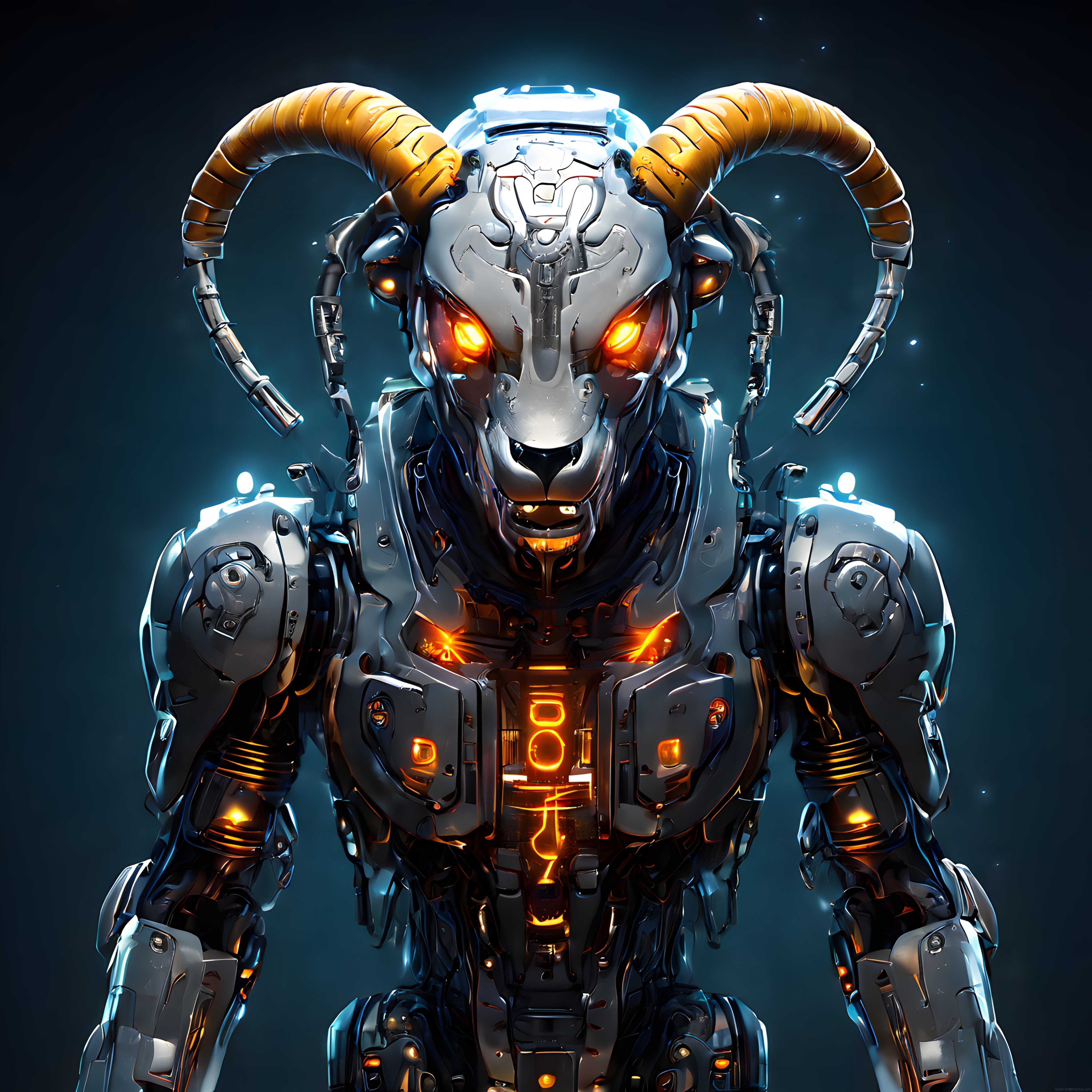 Metal Boynuzlu Cyberpunk Robot: Turuncu Işıklı Gözleriyle Geleceğin Savaşçısı