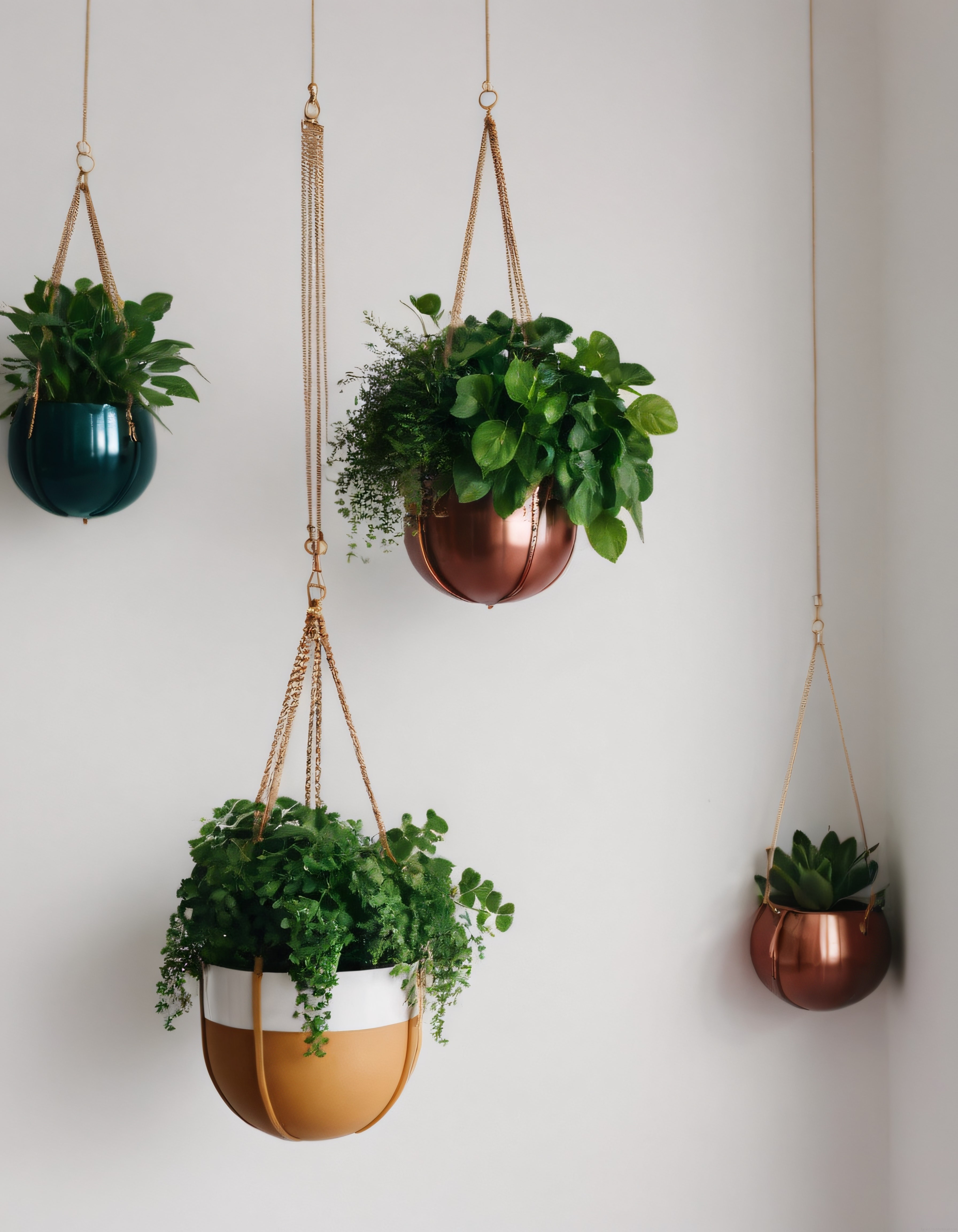 Metal Saksılarda Asılı Ev Bitkileri ve Makrome Askılarla Minimal Dekor