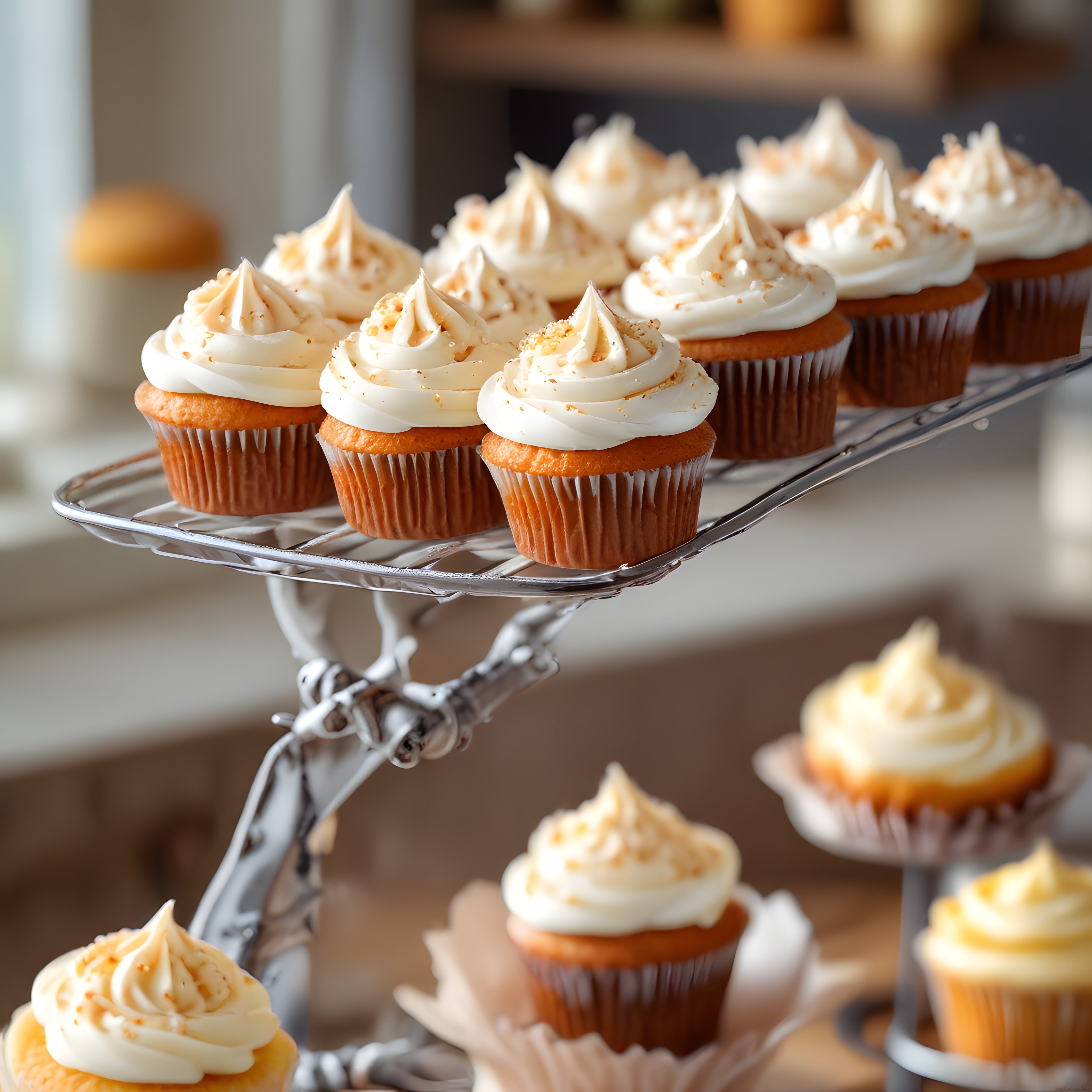 Metal Stand Üzerinde Kremalı Cupcakeler ve Ev Yapımı Tatlı Sunumu