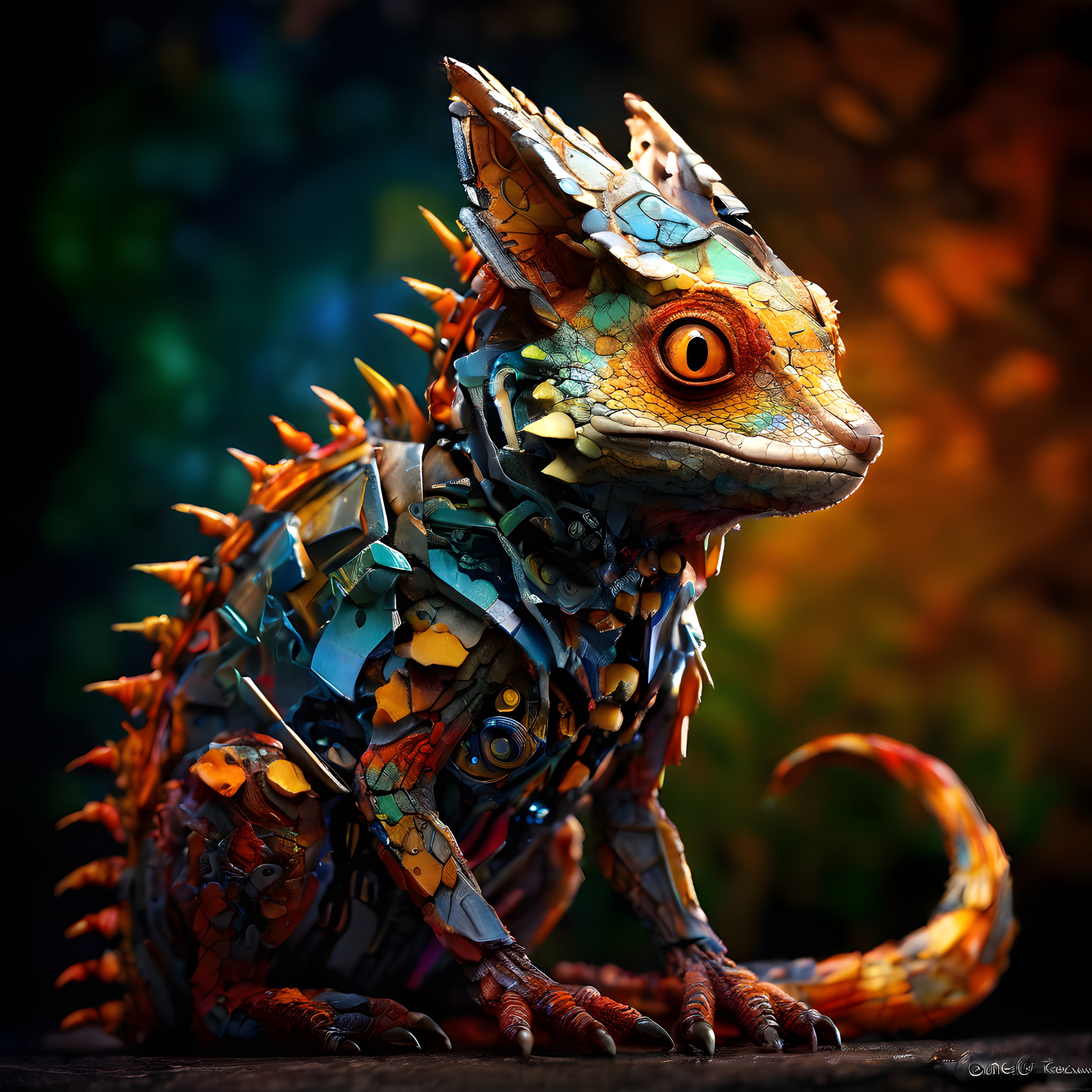 Metal ve organik dokularla kaplı biyo mekanik kameleon 3D render görseli