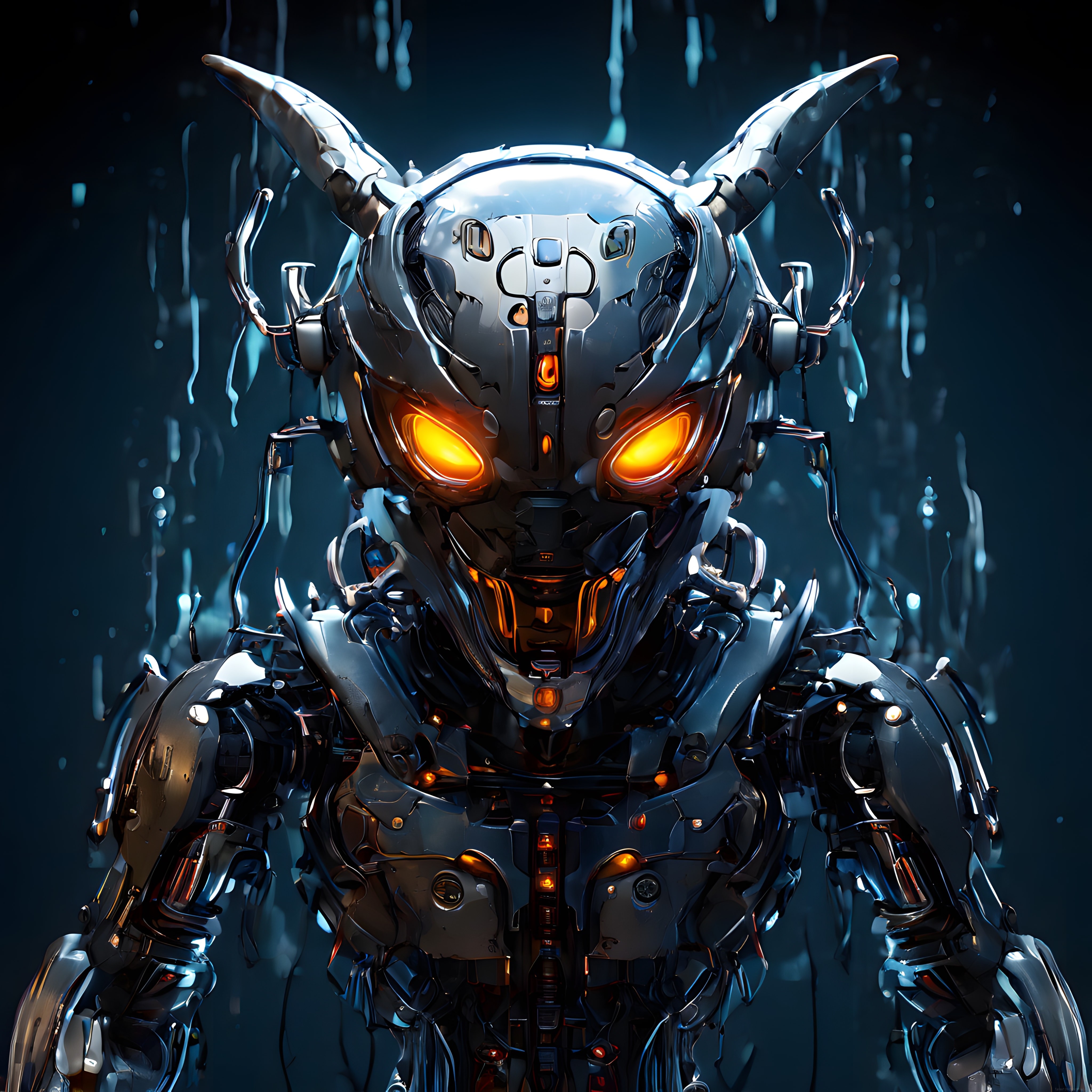 Metal Yüzeyli Biyonik Robot Portresi ve Yağmurlu Cyberpunk Ortamı