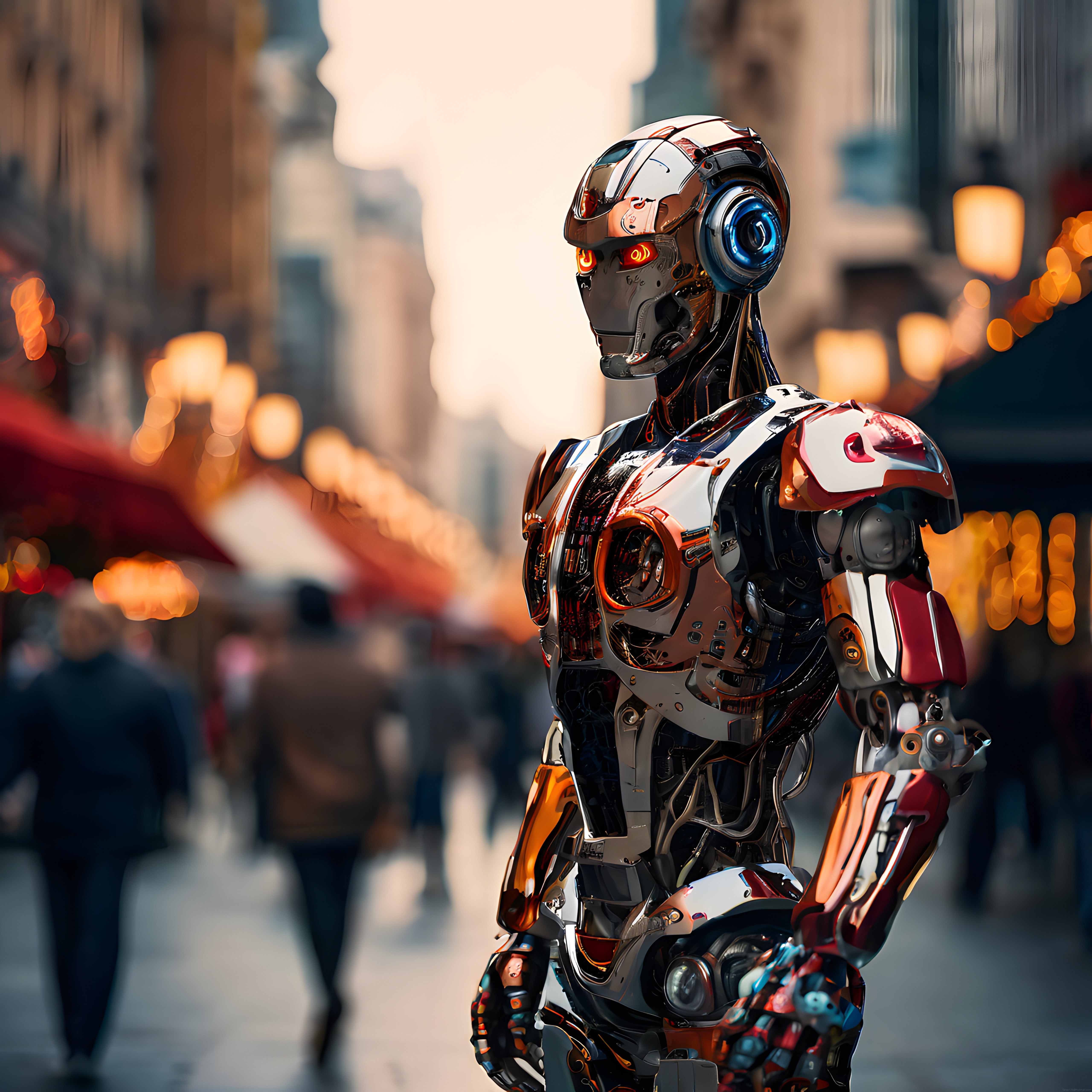 Metal yüzlü insansı robot, gün batımı ışıklı kalabalık şehir sokağında duruyor