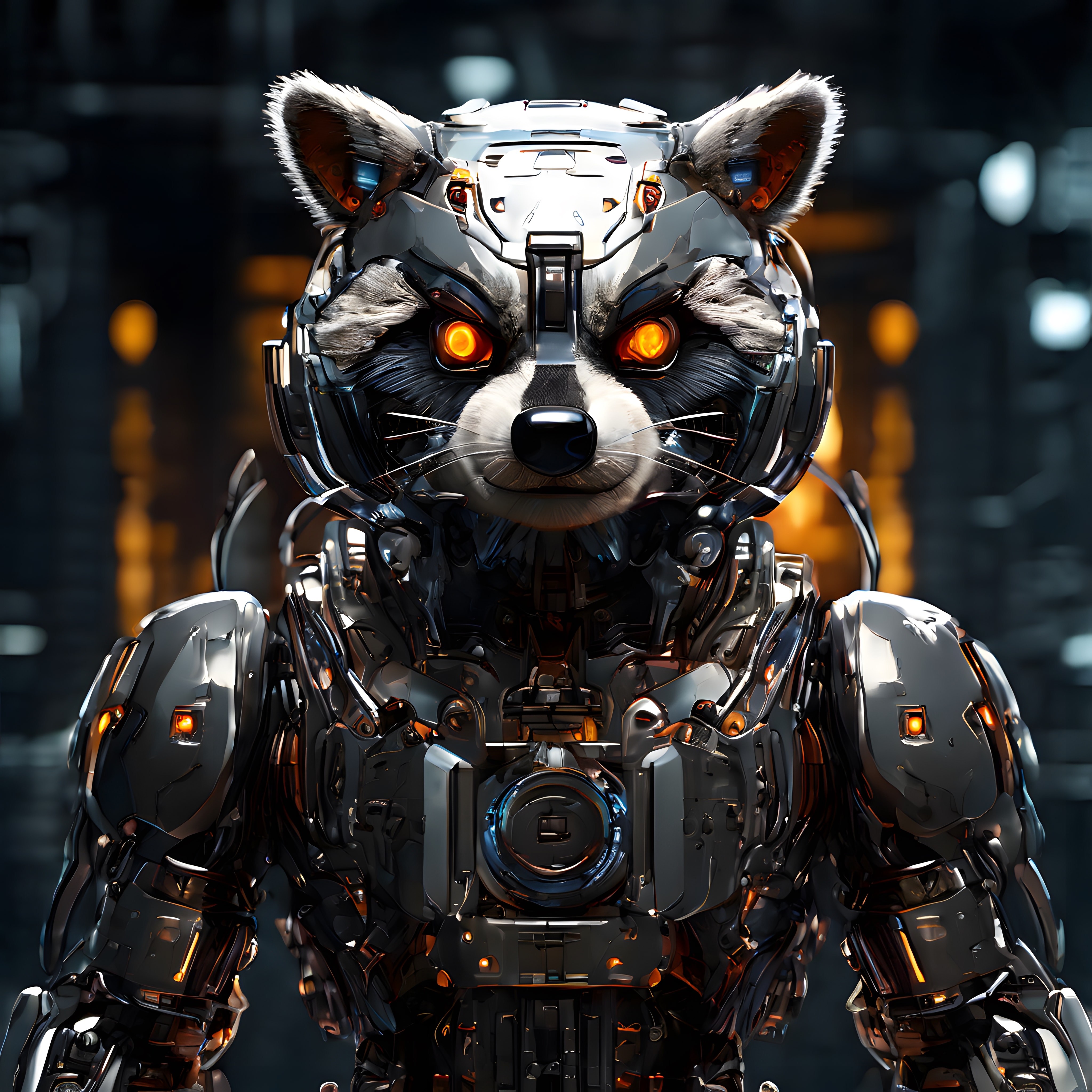 Metal Zırhlı Cyberpunk Rakun Robot ve Parlak Turuncu Göz Portresi