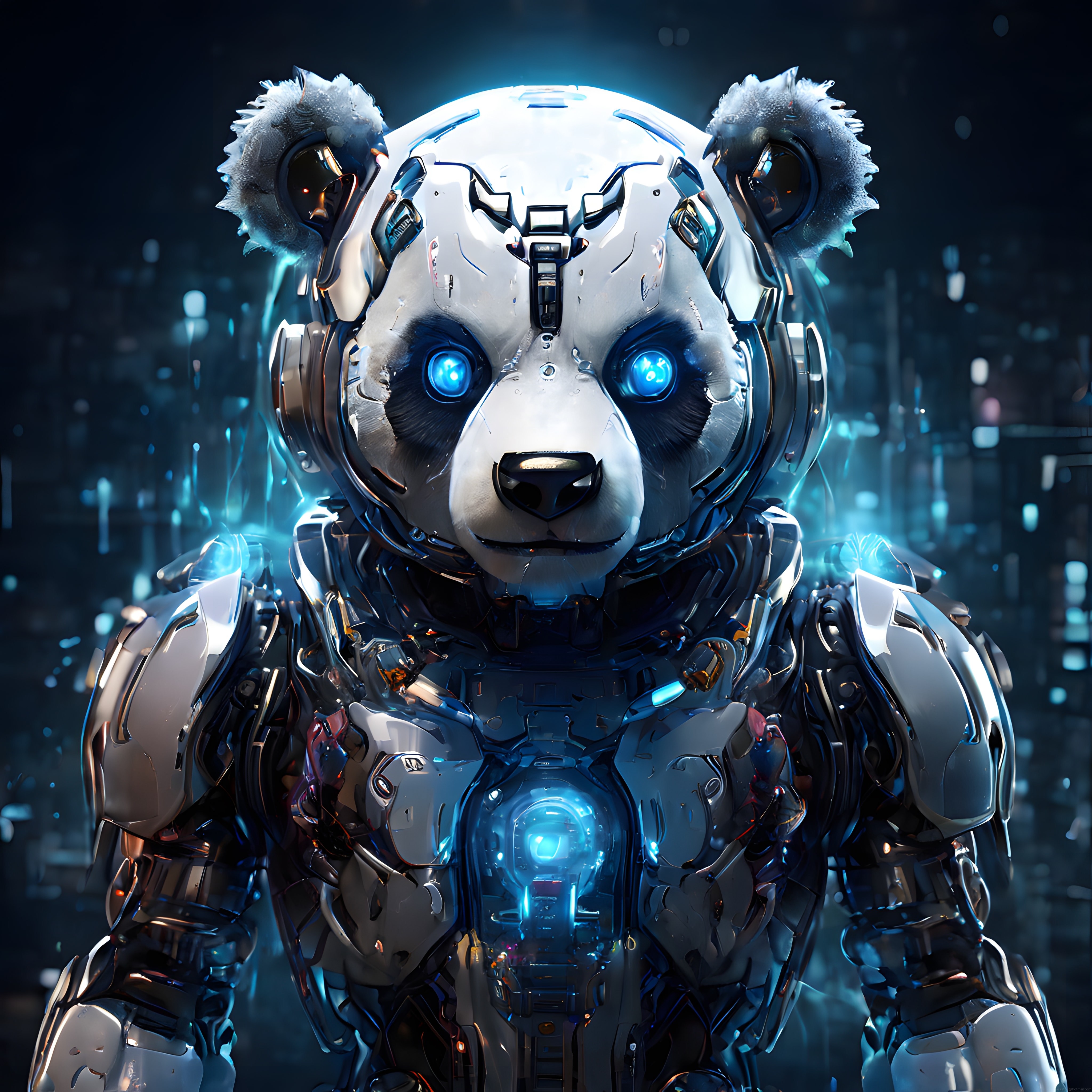 metal zırhlı kibernetik panda buzul detaylar ve mavi enerji çekirdeğiyle
