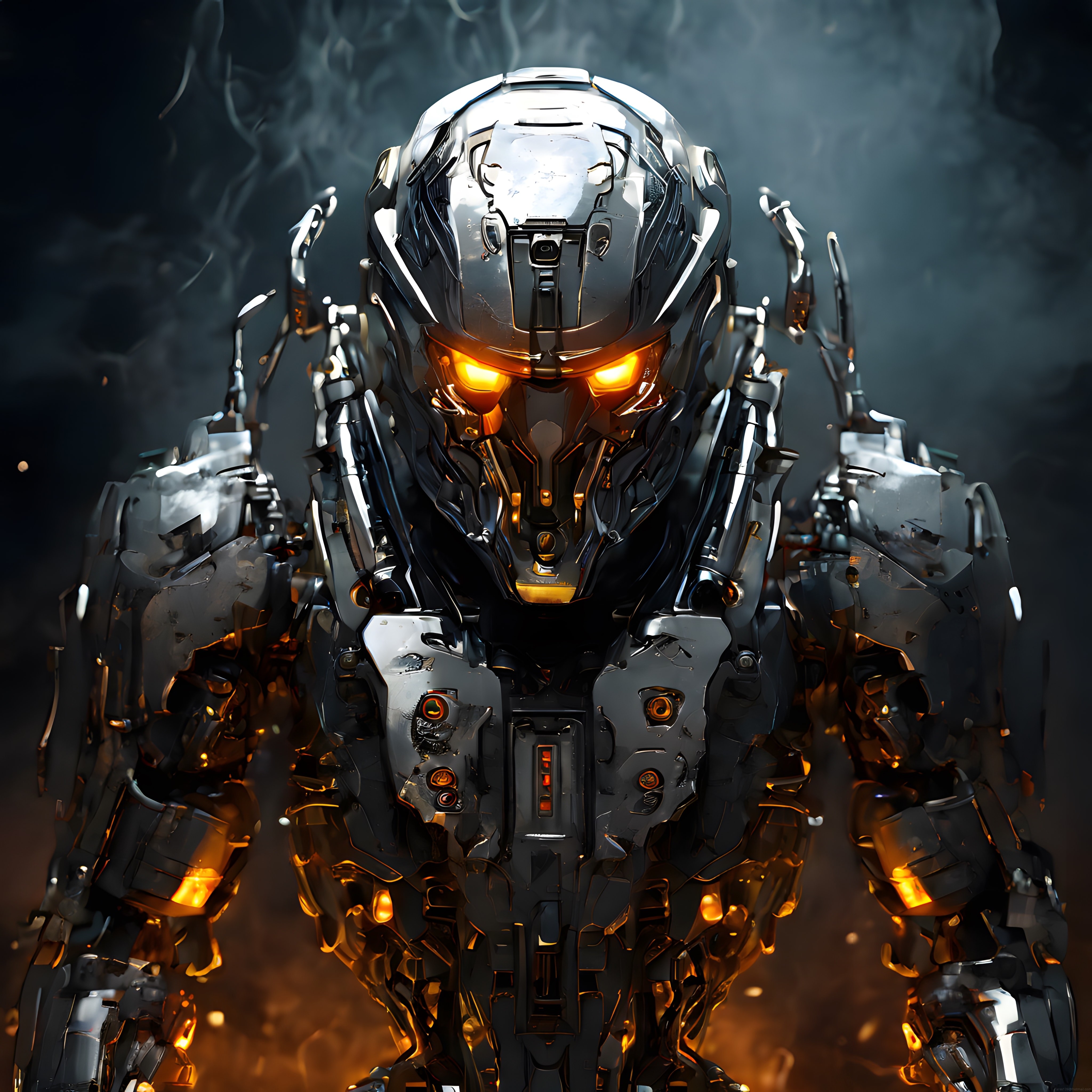 Metal zırhlı robotun turuncu gözleriyle karanlık bilim kurgu portresi