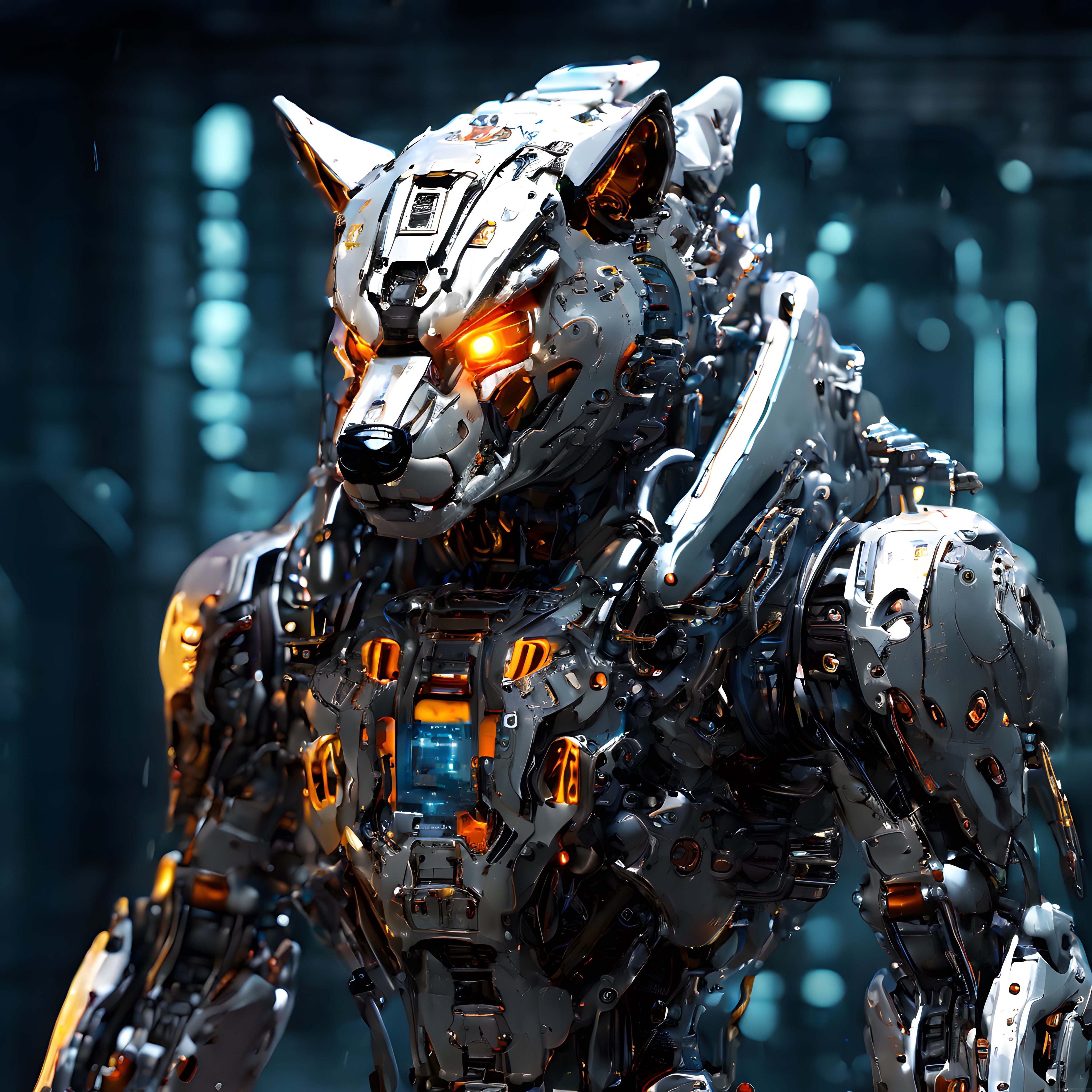 Metal Zırhlı Yapay Zeka Kurt Robotunun Detaylı Bilim Kurgu Portresi