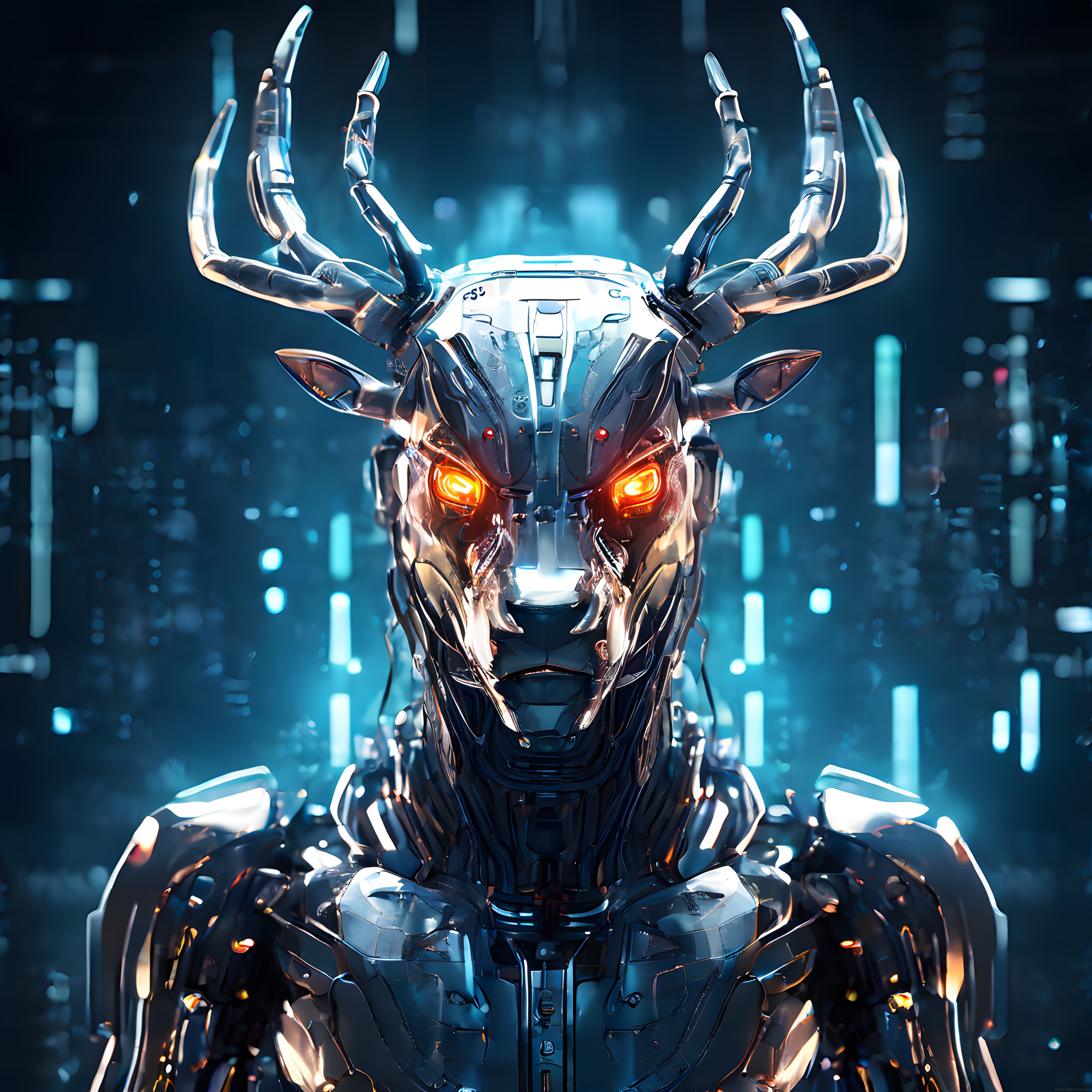 Metalik Boynuzları ve Turuncu Gözleriyle Cyberpunk Geyik Robot Portresi