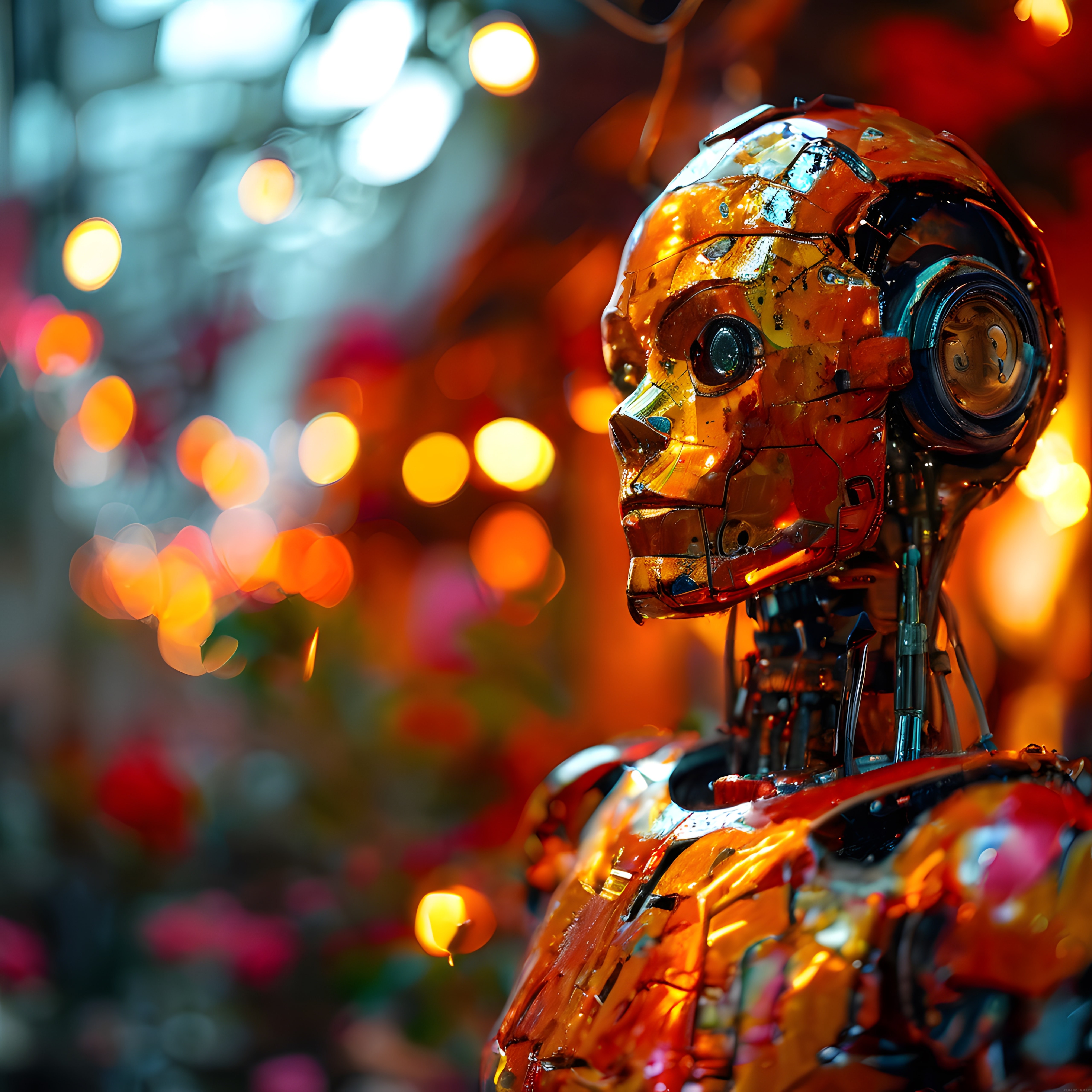Metalik İnsansı Robot ve Rengarenk Bokeh Işıkların Büyüleyici Uyumu
