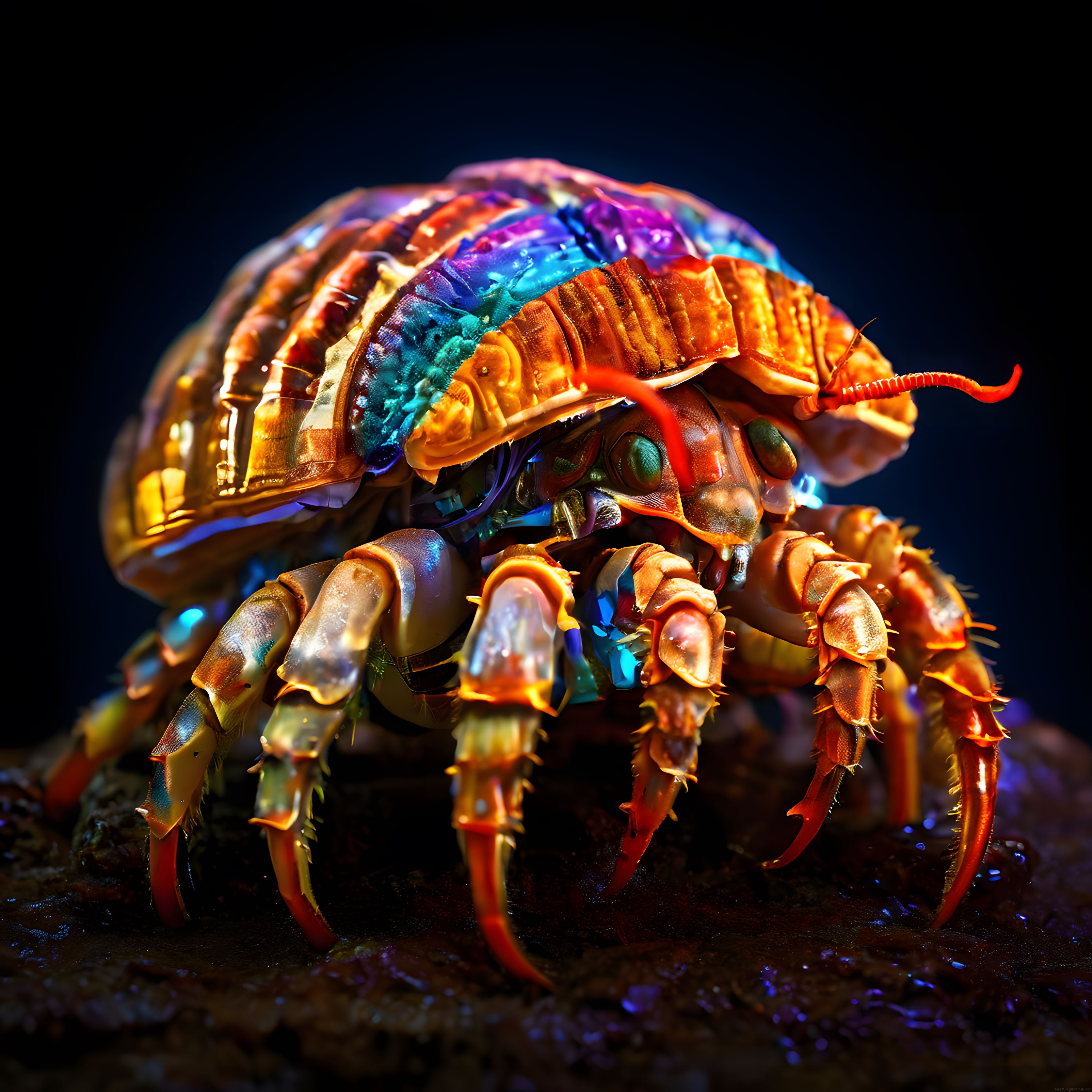 Metalik Kabuklu Neon Böcek: Fantastik Dijital Sanat ve 3D Render Görseli